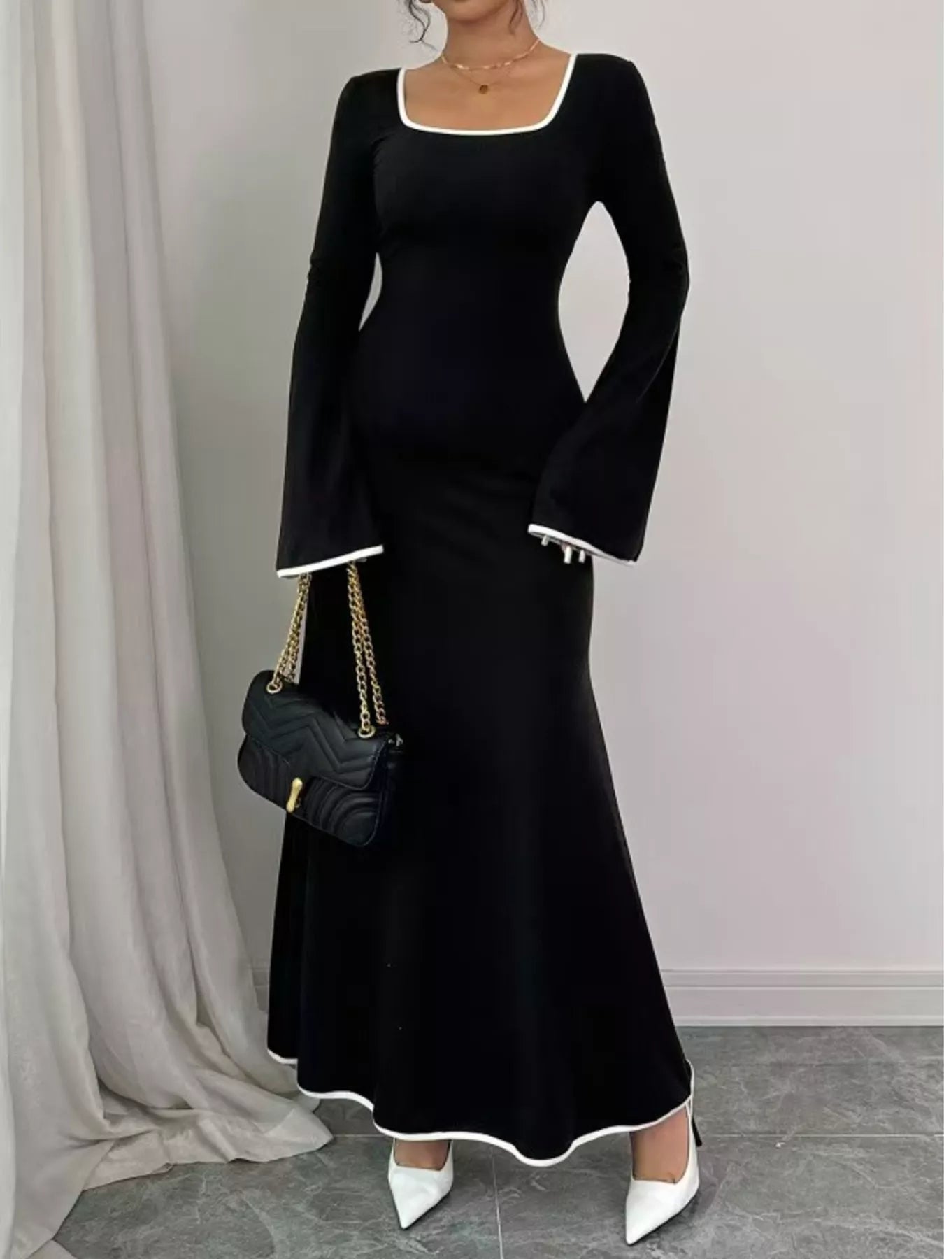 Square Neck Flare Sleeve Maxi Dress  Blue Zone Planet