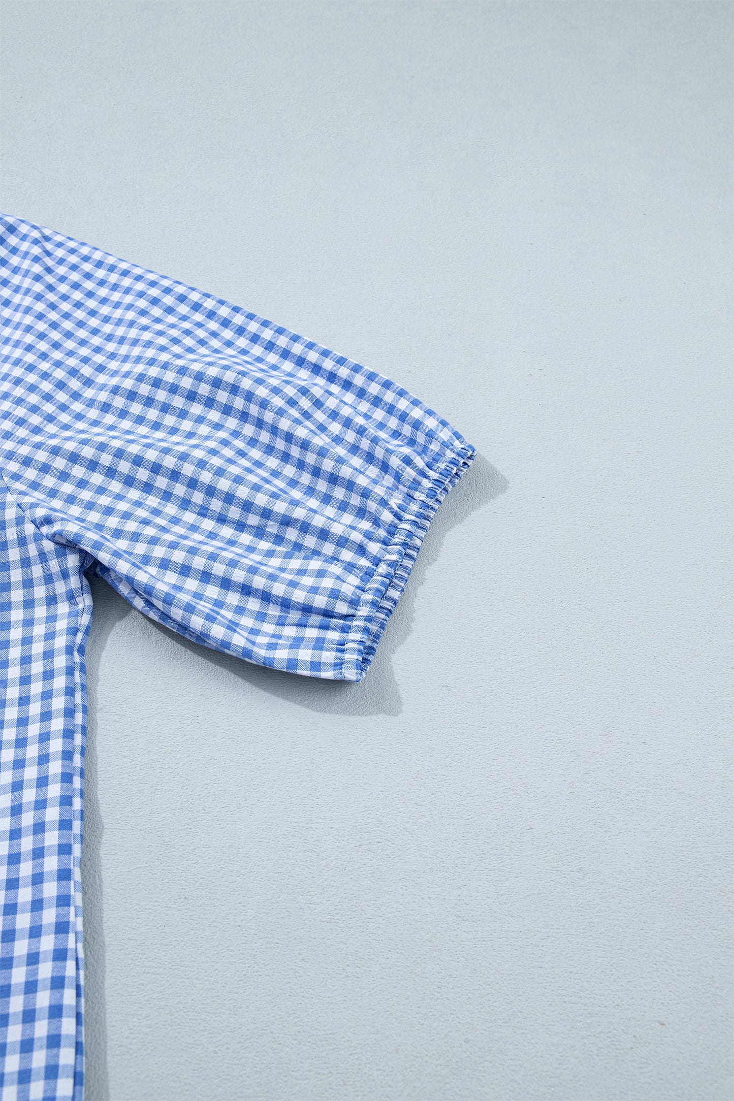 Sky Blue Summer Plaid V Neck Puff Sleeve Blouse-Tops/Blouses & Shirts-[Adult]-[Female]-2022 Online Blue Zone Planet