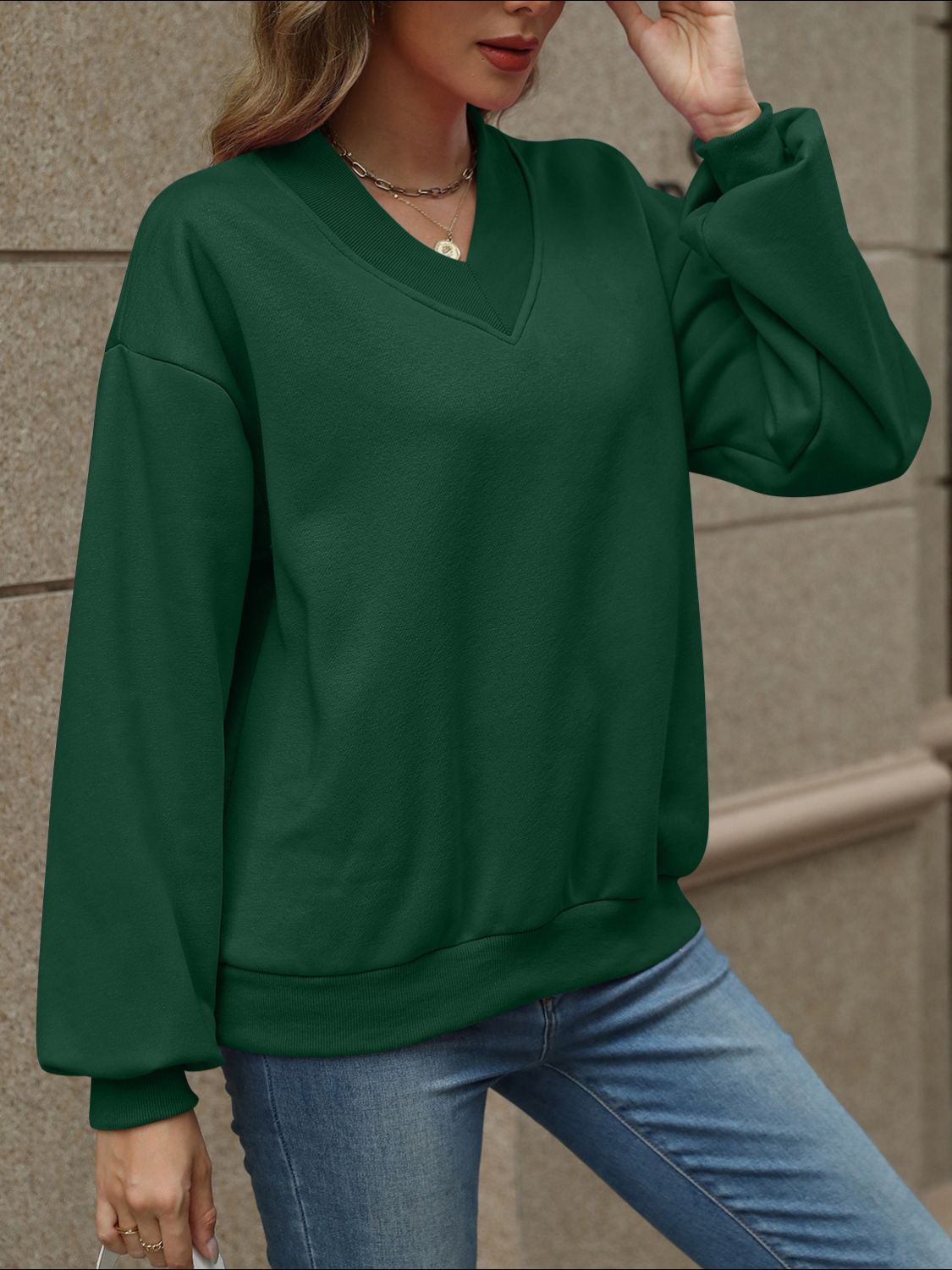 V-Neck Long Sleeve Dropped Shoulder Sweatshirt-TOPS / DRESSES-[Adult]-[Female]-2022 Online Blue Zone Planet