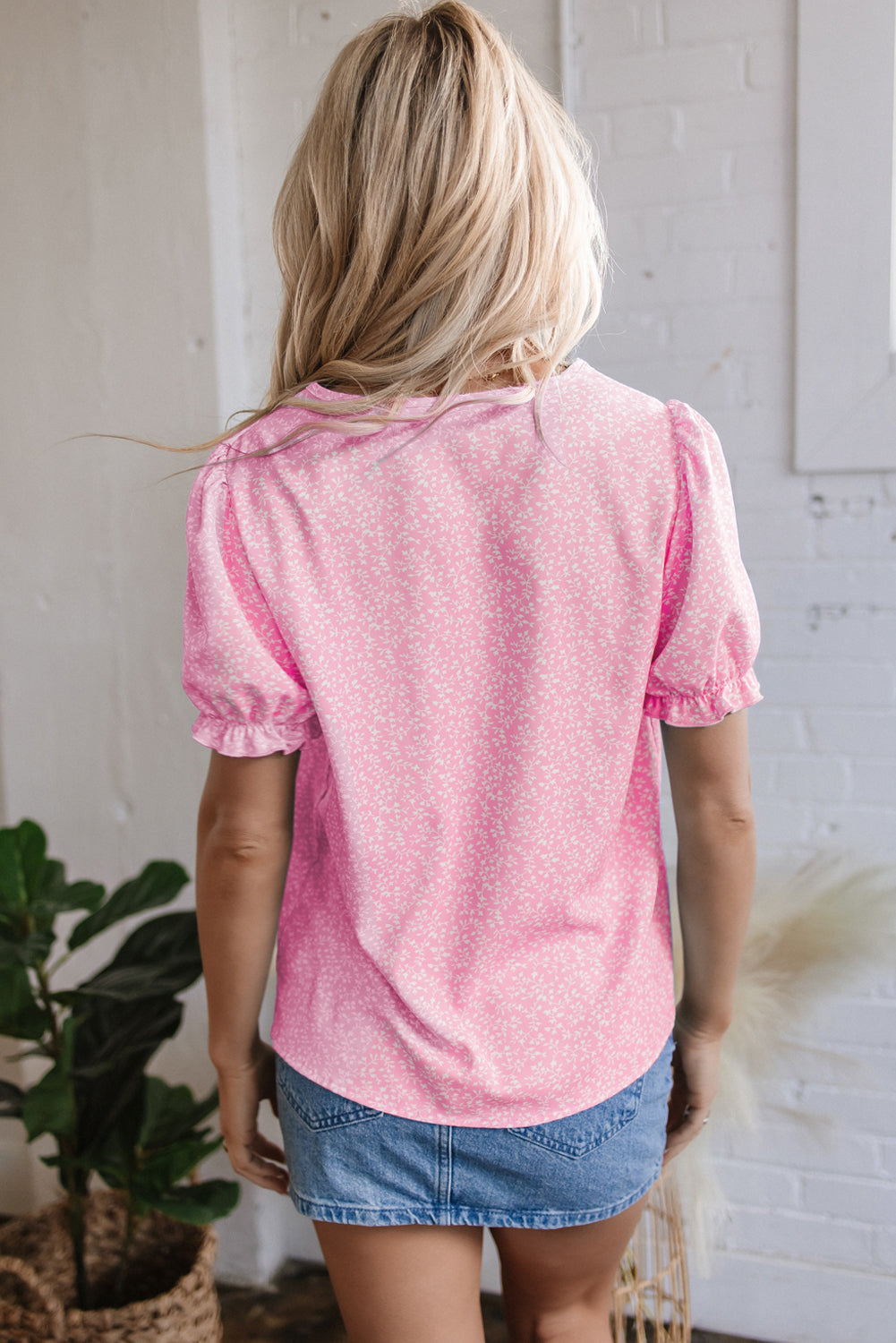 Pink Floral Embroidered Puff Sleeve Notched V Neck Blouse-Tops/Blouses & Shirts-[Adult]-[Female]-2022 Online Blue Zone Planet