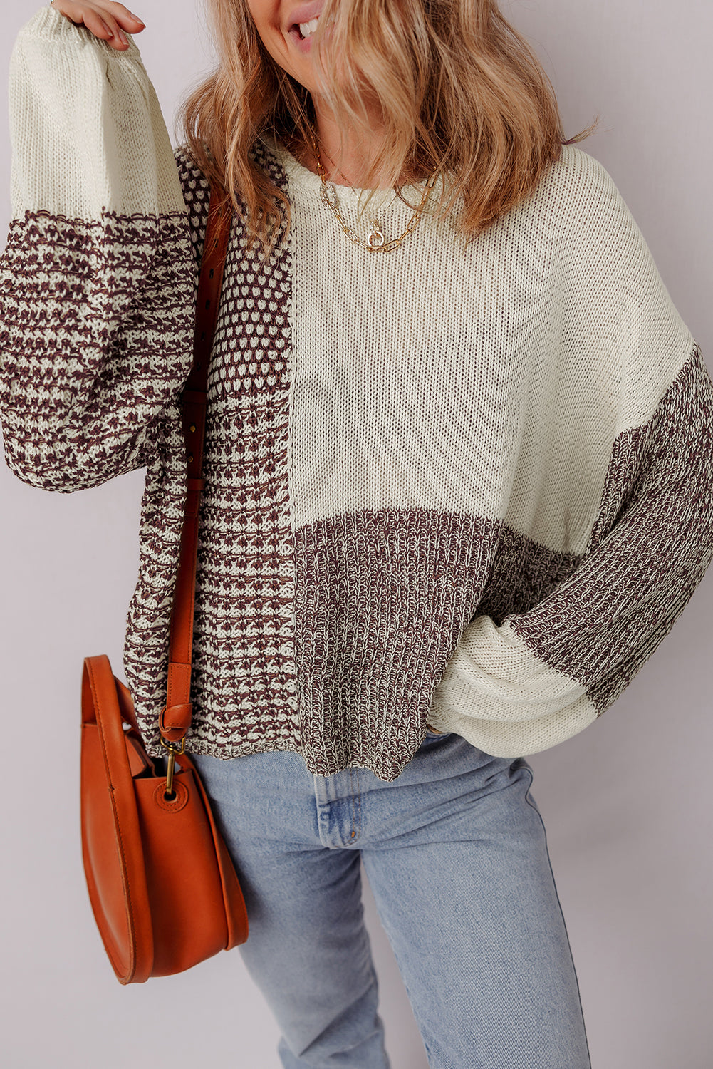 Dark Khaki Color Block Back Tie Drop Shoulder Loose Sweater-Sweaters & Cardigans/Sweaters-[Adult]-[Female]-Dark Khaki-S-2022 Online Blue Zone Planet