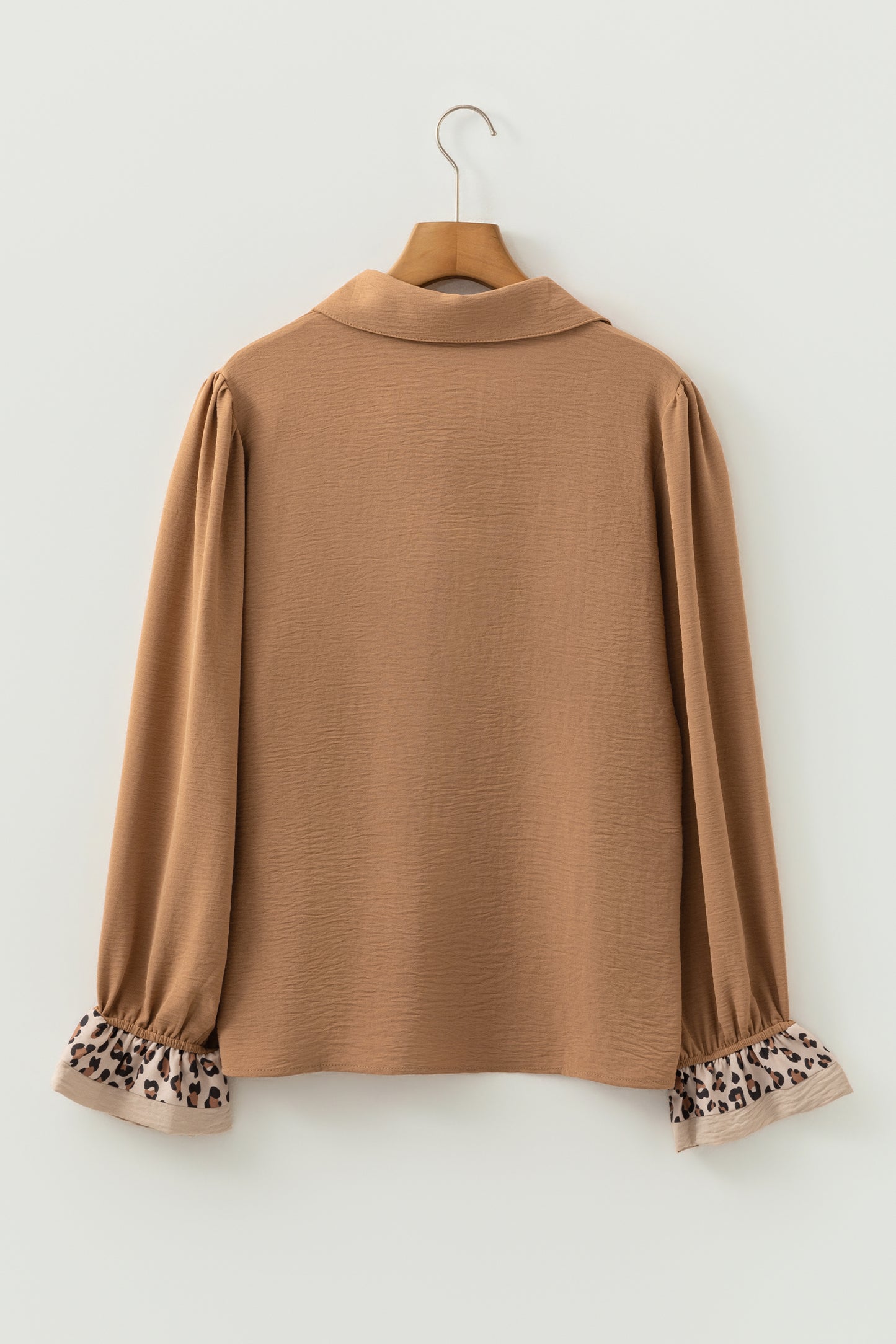 Camel Contrast Leopard Print Patchwork Polo Collar Buttons Front Ruffled Long Sleeve Blouse-Tops/Blouses & Shirts-[Adult]-[Female]-2022 Online Blue Zone Planet