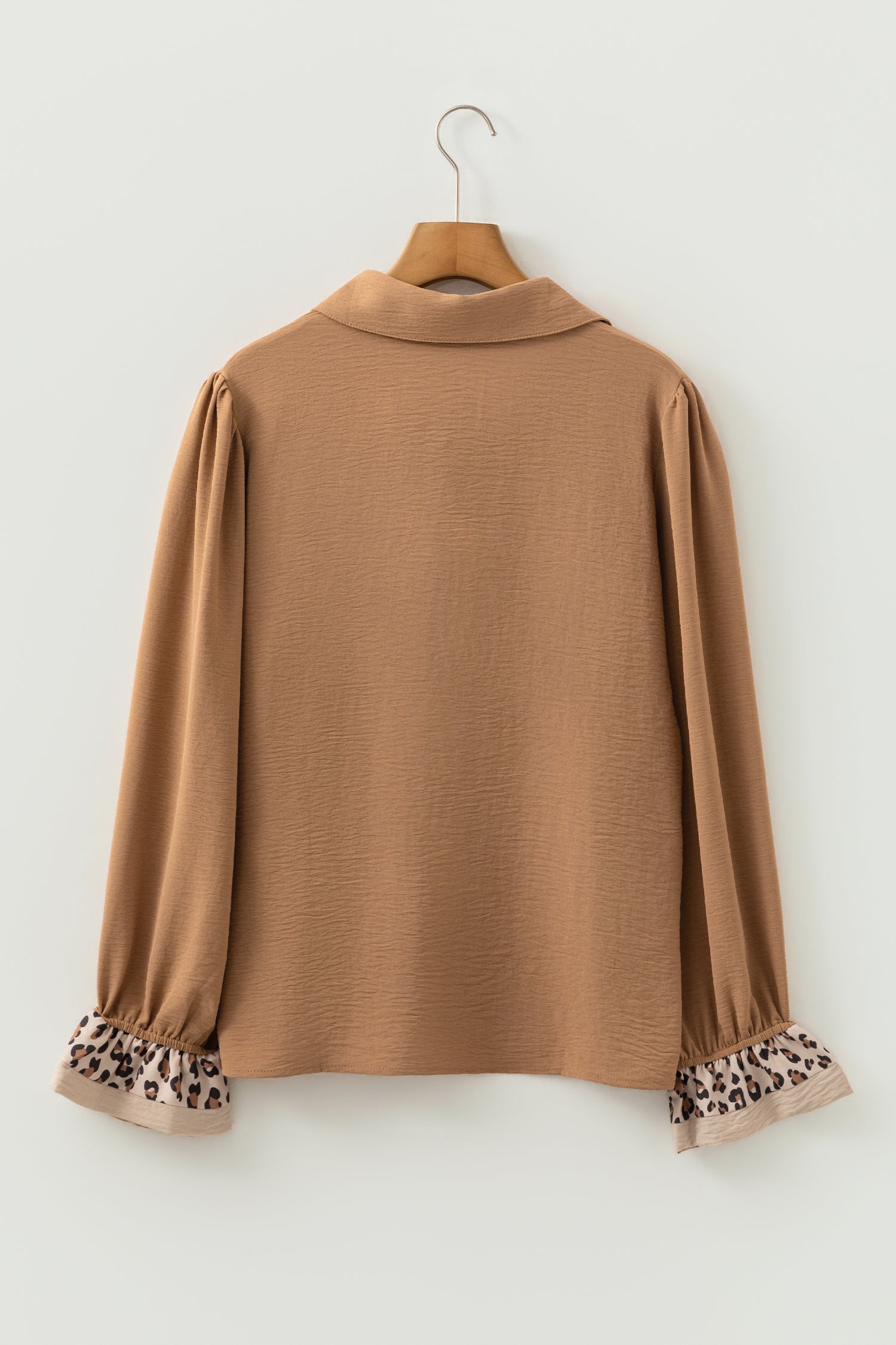 Camel Contrast Leopard Print Patchwork Polo Collar Buttons Front Ruffled Long Sleeve Blouse-Tops/Blouses & Shirts-[Adult]-[Female]-2022 Online Blue Zone Planet