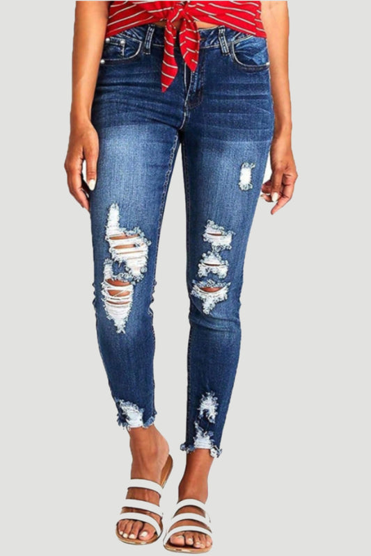 Distressed Raw Hem Jeans with Pockets-BOTTOMS SIZES SMALL MEDIUM LARGE-[Adult]-[Female]-Navy-S-2022 Online Blue Zone Planet