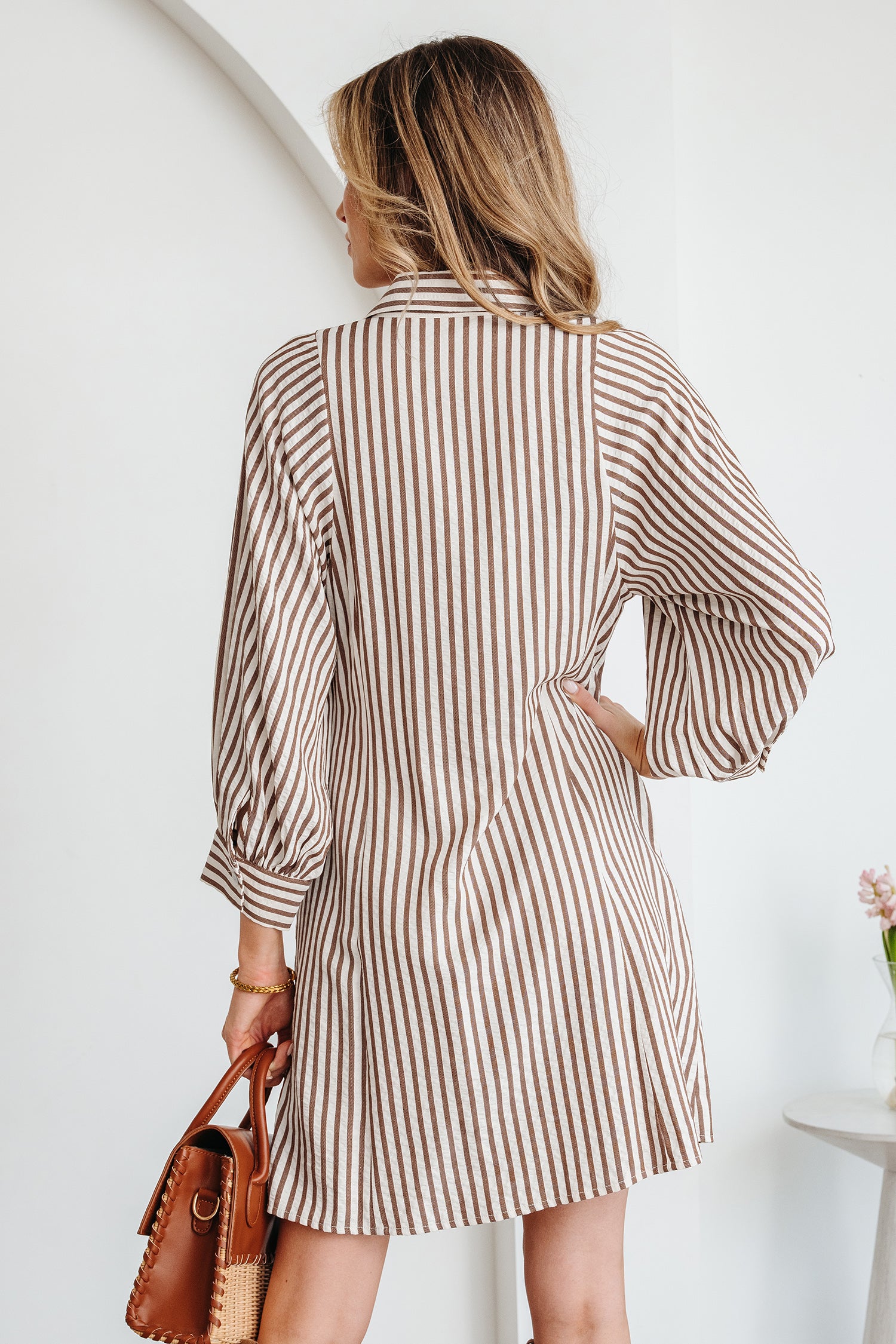 Brown Stripe Knot Waist Puff Sleeve Button Down Mini Shirt Dress-TOPS / DRESSES-[Adult]-[Female]-2022 Online Blue Zone Planet