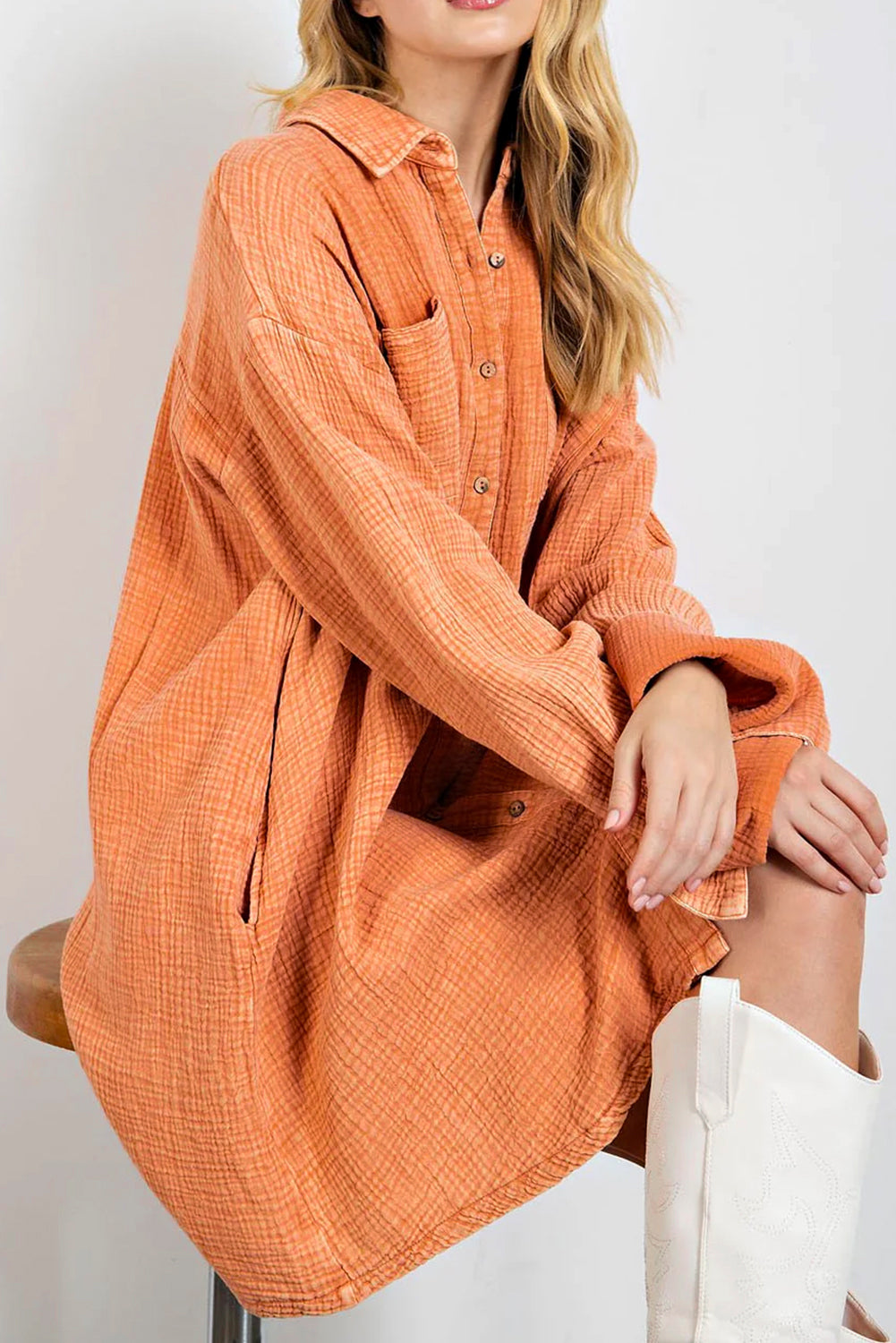 Orange Crinkled Dual Chest Pocket Oversized Shirt Dress-TOPS / DRESSES-[Adult]-[Female]-Orange-S-2022 Online Blue Zone Planet