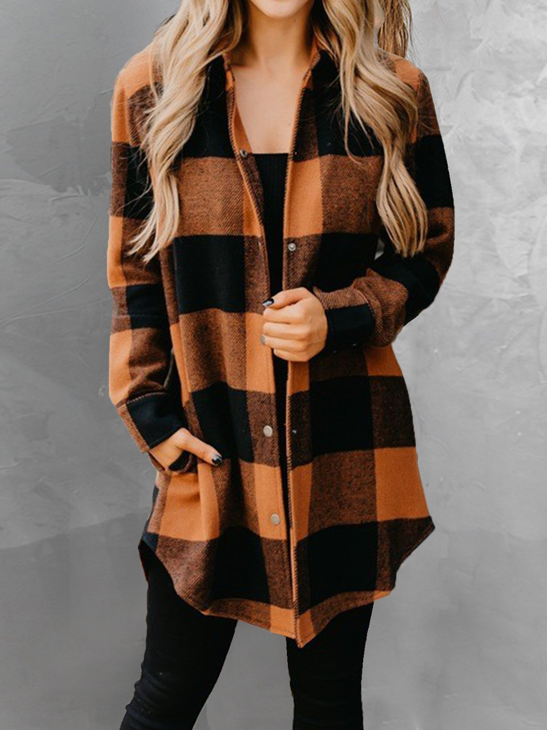 Blue Zone Planet | Plaid Snap Down Long Sleeve Jacket-TOPS / DRESSES-[Adult]-[Female]-Caramel-S-2022 Online Blue Zone Planet