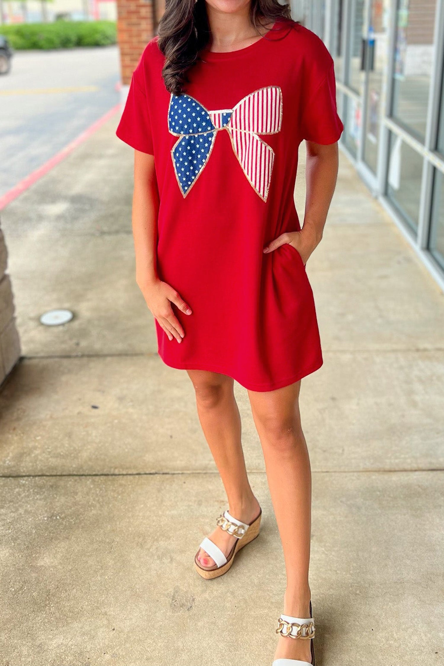 Fiery Red Sequin Trim Stars and Stripes Bow Patched T Shirt Mini Dress-Dresses/T Shirt Dresses-[Adult]-[Female]-2022 Online Blue Zone Planet