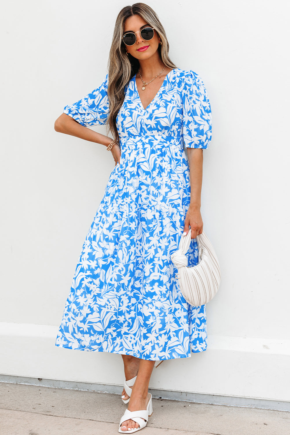 Sky Blue Floral V Neck Puff Short Sleeve Flowy Long Dress-TOPS / DRESSES-[Adult]-[Female]-2022 Online Blue Zone Planet