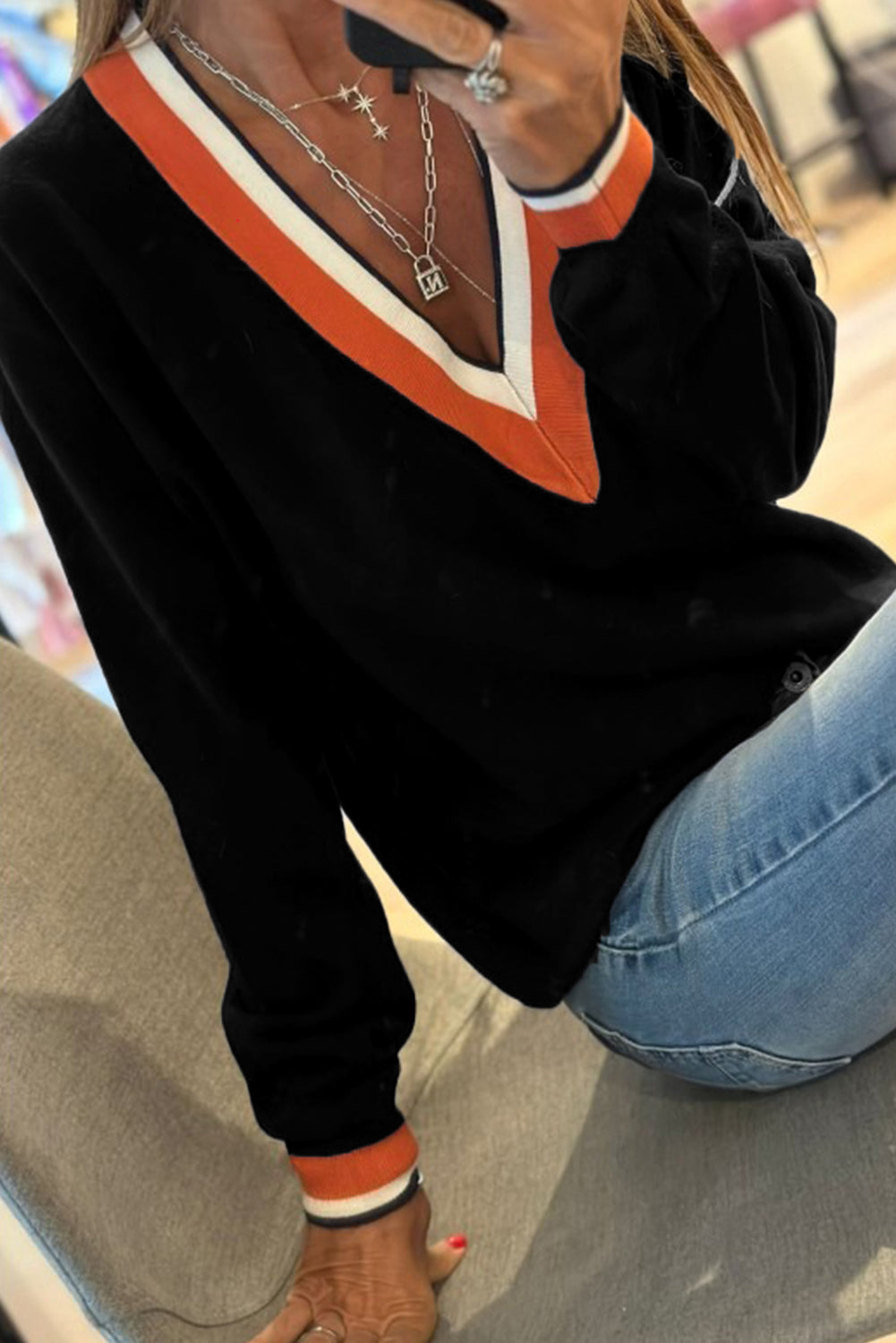 Black Contrast Striped Trim V Neck Varsity Sweater-TOPS / DRESSES-[Adult]-[Female]-2022 Online Blue Zone Planet