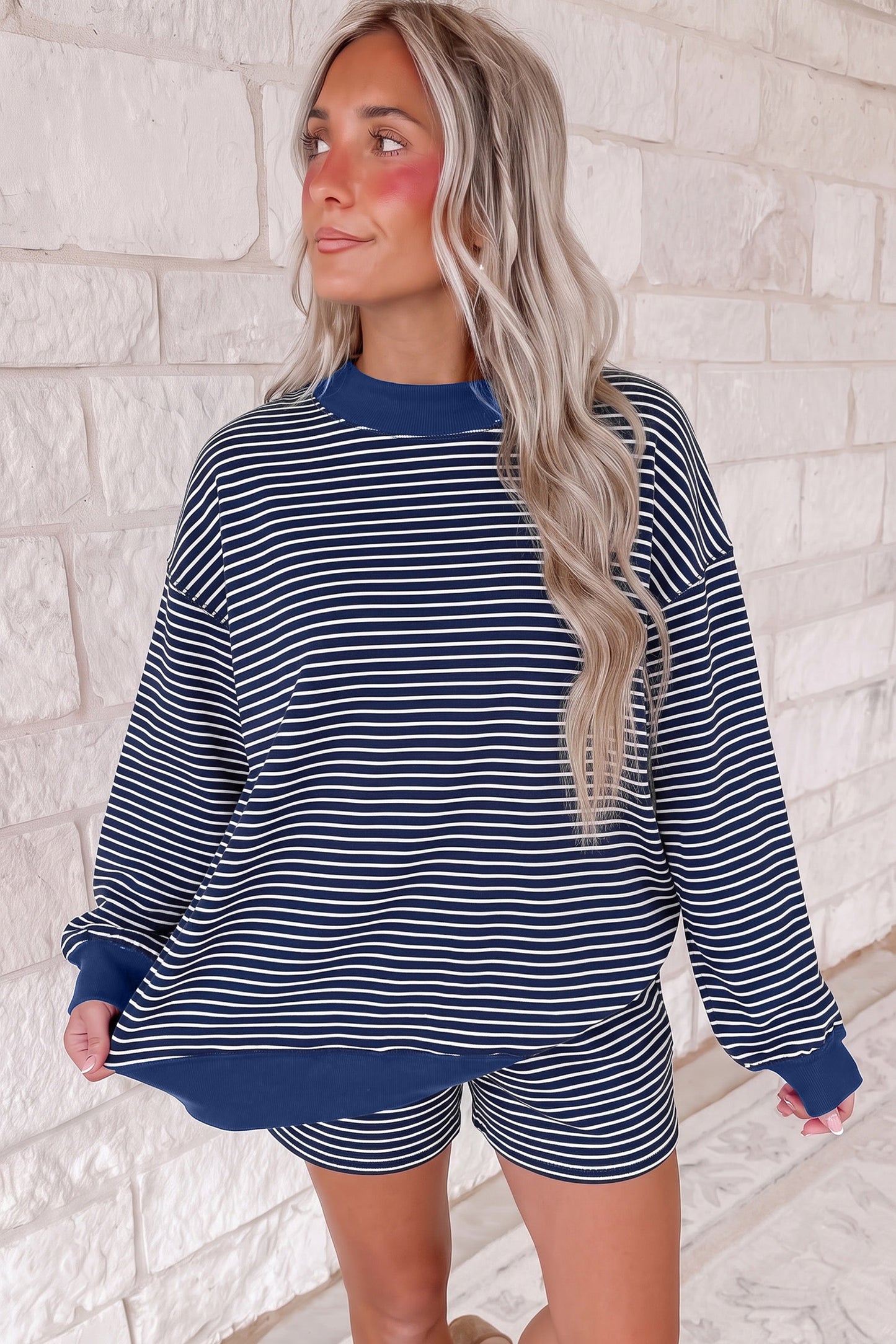 Blue Stripe Ribbed Patchwork Mock Neck Baggy Pullover Matching Shorts Set