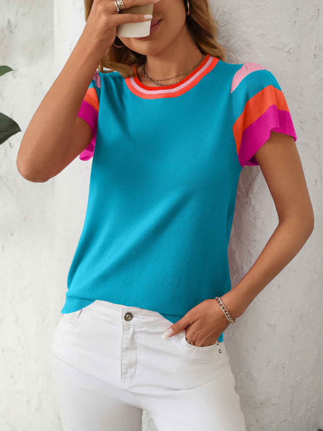 Mandy Contrast Round Neck Short Sleeve Knit Top-TOPS / DRESSES-[Adult]-[Female]-2022 Online Blue Zone Planet