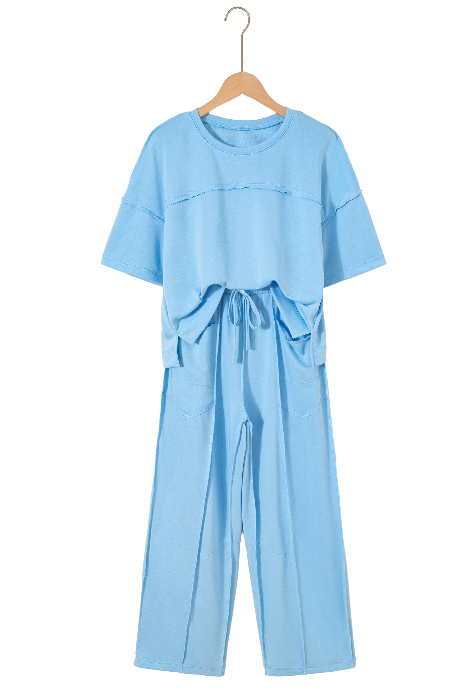 Sky Blue Drop Shoulder Boxy Tee and Barrel Pants Set-Two Piece Sets/Pant Sets-[Adult]-[Female]-2022 Online Blue Zone Planet
