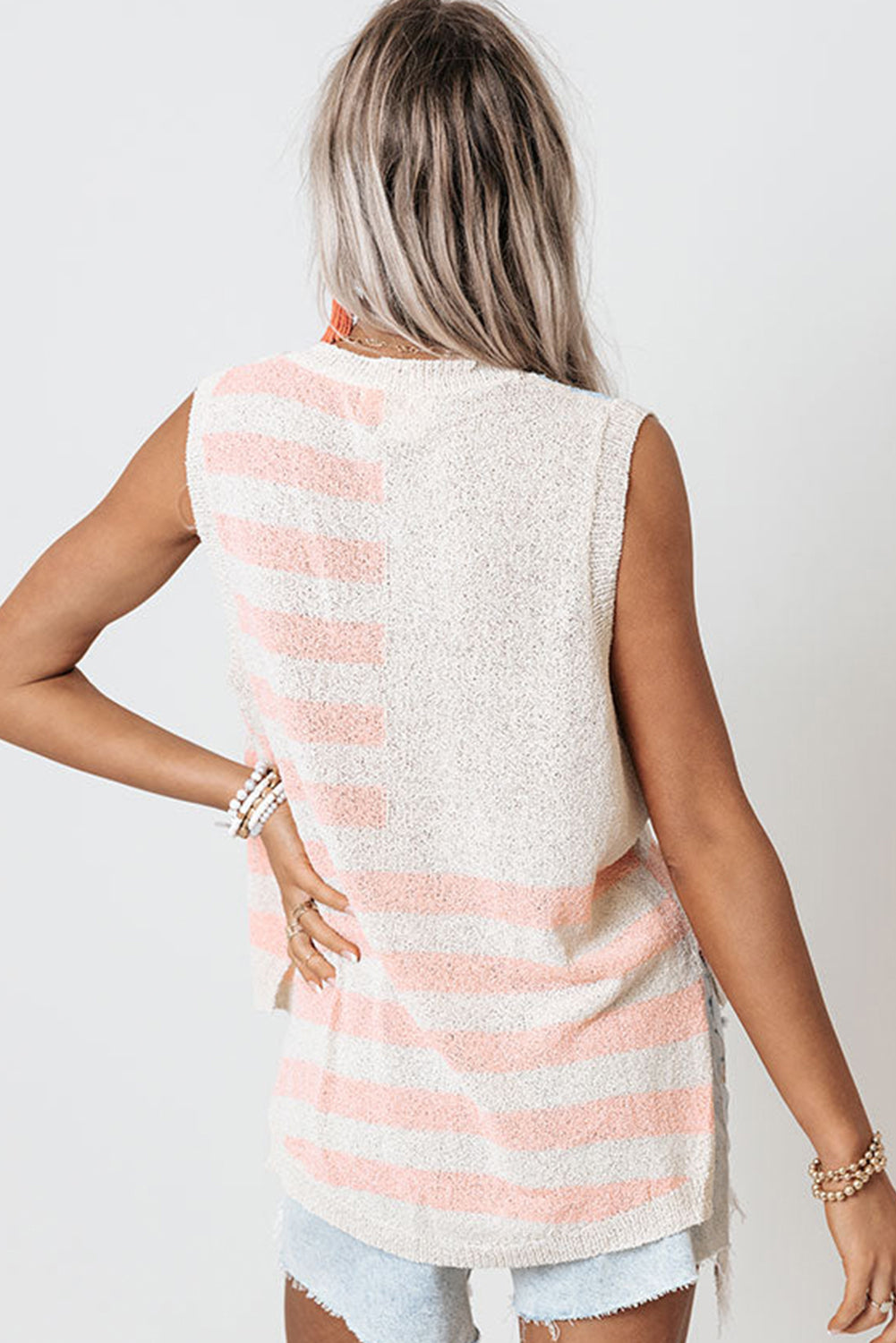 Beige USA Flag Notched Neckline Loose Sweater Vest-Sweaters & Cardigans/Sweater Vests-[Adult]-[Female]-2022 Online Blue Zone Planet