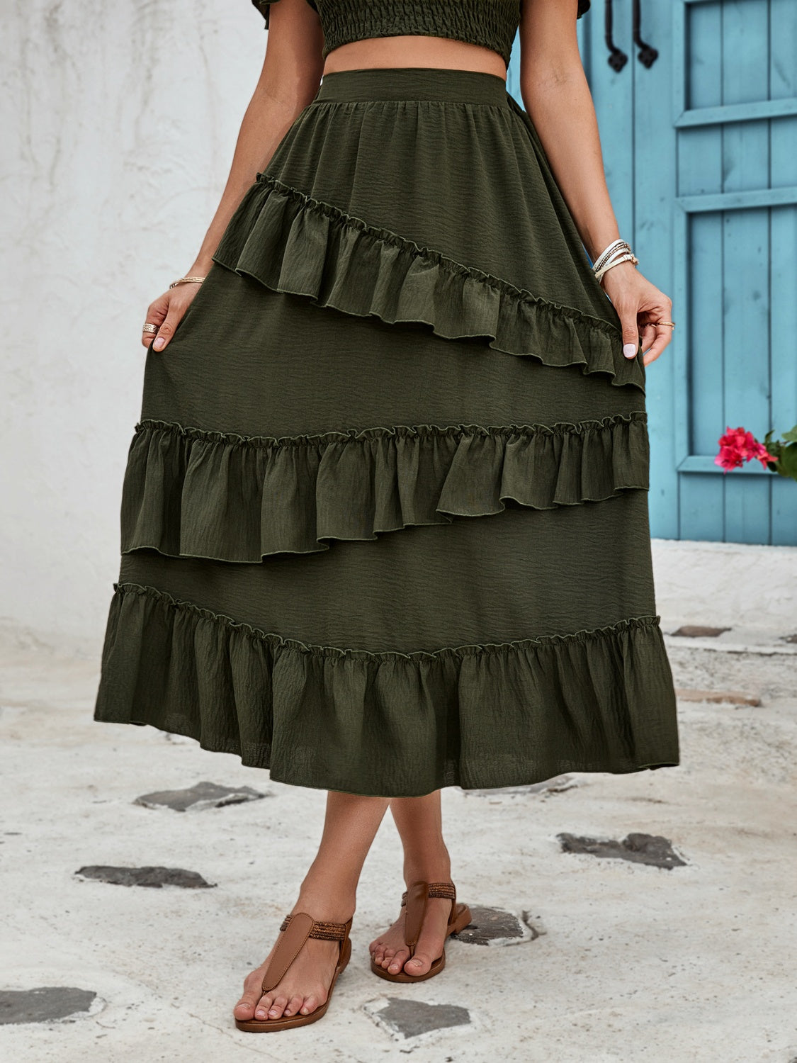 Ruffled Elastic Waist Midi Skirt-BOTTOMS SIZES SMALL MEDIUM LARGE-[Adult]-[Female]-Dark Green-S-2022 Online Blue Zone Planet