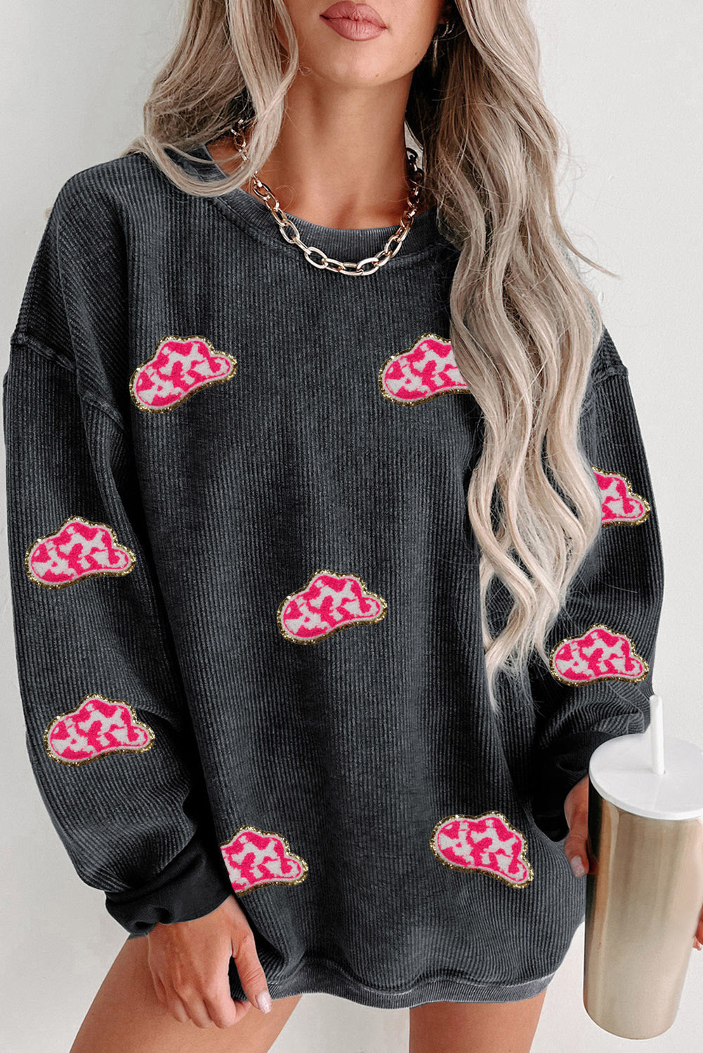 Black Glittering Cowboy Hat Patched Corded Pullover Sweatshirt-Graphic/Graphic Sweatshirts-[Adult]-[Female]-Black-S-2022 Online Blue Zone Planet