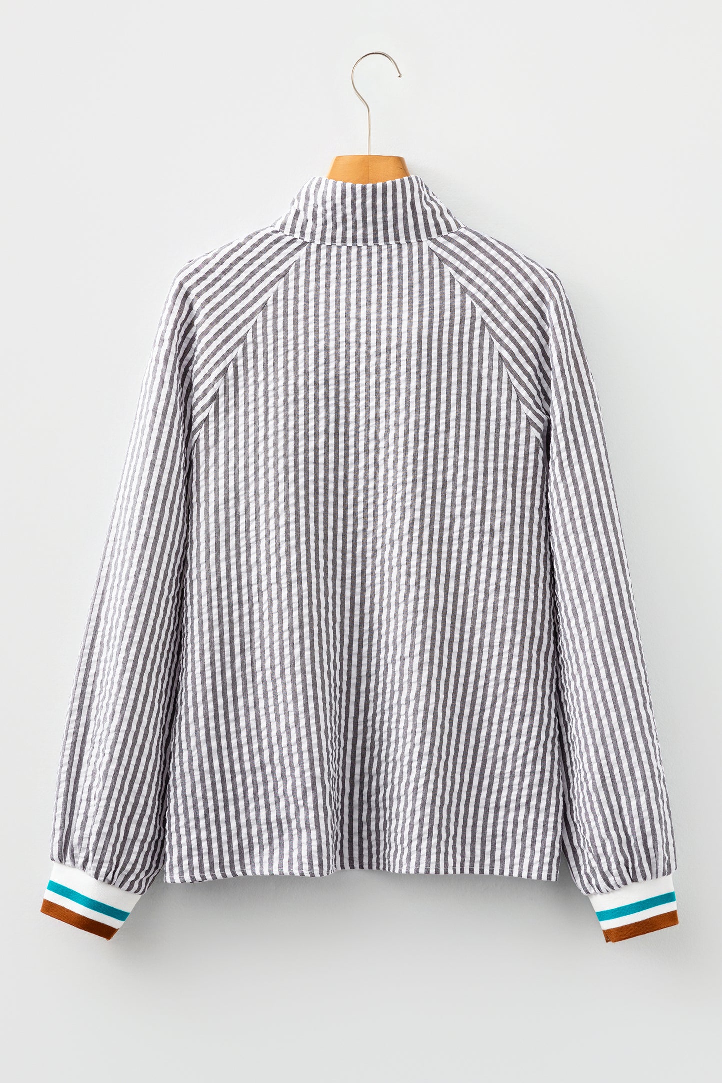 Dark Grey Striped Print Contrast Patchwork Detail Split Neck Blouse-Tops/Blouses & Shirts-[Adult]-[Female]-2022 Online Blue Zone Planet