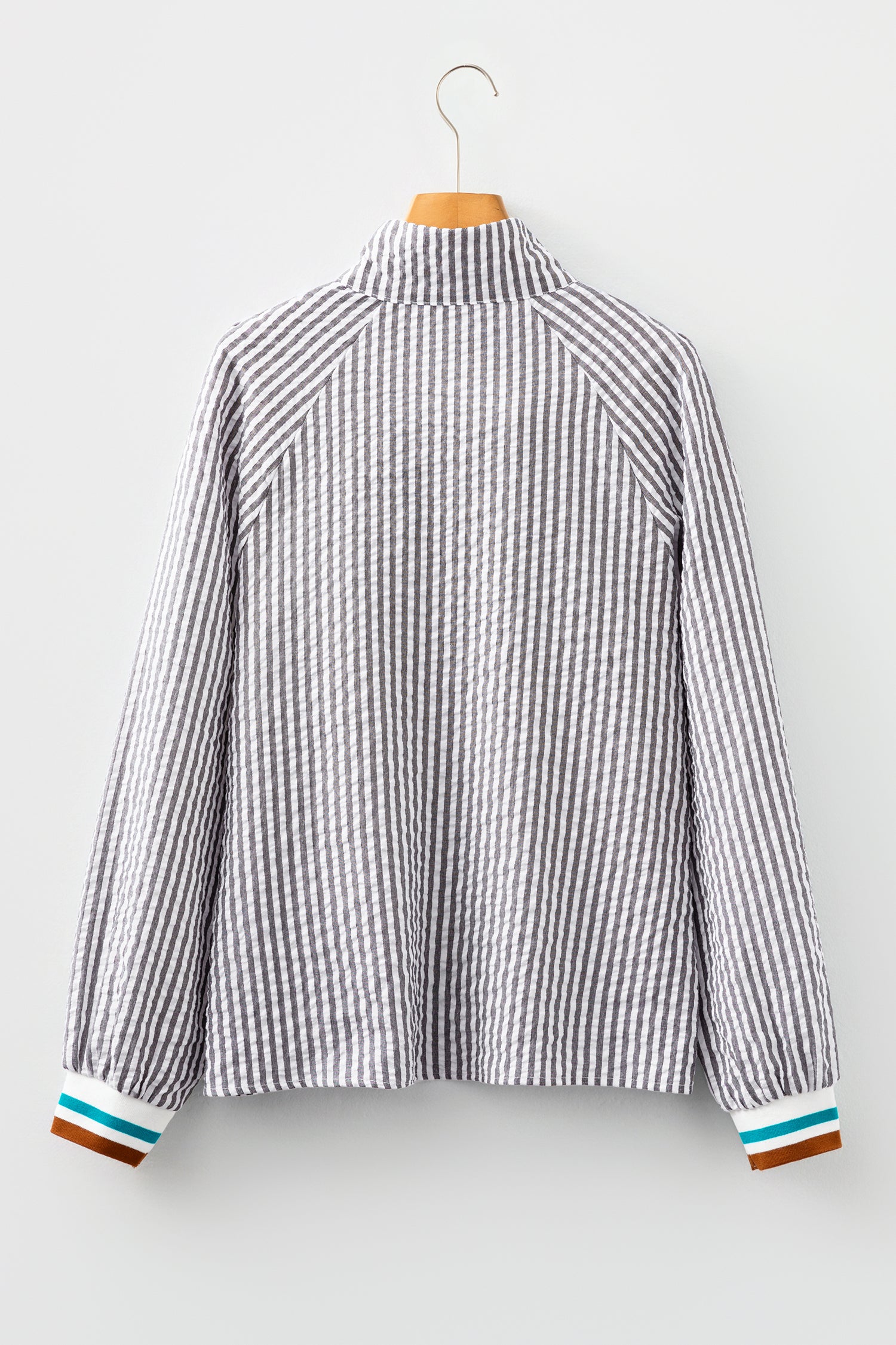 Dark Grey Striped Print Contrast Patchwork Detail Split Neck Blouse-Tops/Blouses & Shirts-[Adult]-[Female]-2022 Online Blue Zone Planet