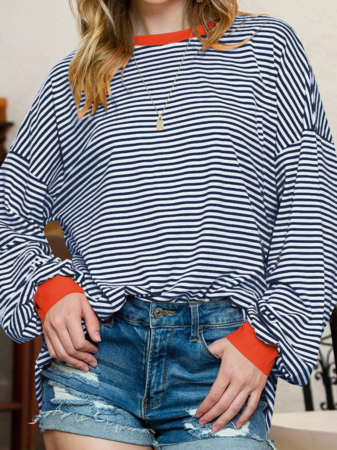 Contrast Striped Long Sleeve Sweatshirt-TOPS / DRESSES-[Adult]-[Female]-Navy-S-2022 Online Blue Zone Planet