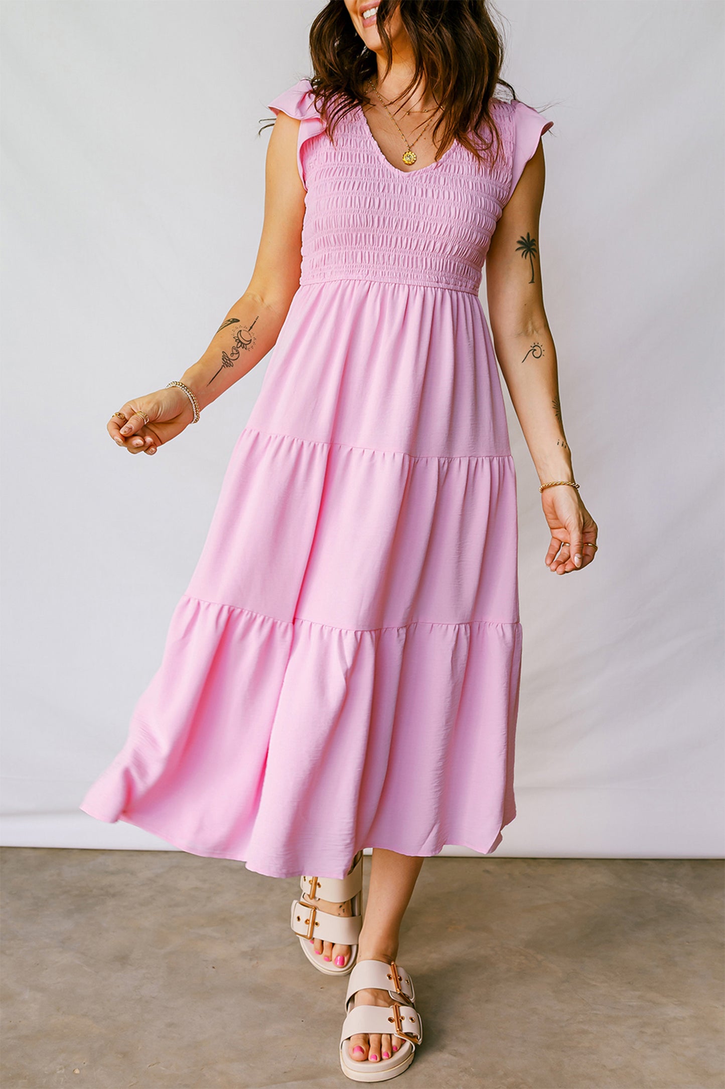 Pink Smocked Bodice Flutter Sleeve Fit Flare Tiered Midi Dress Pink Smocked Bodice Flutter Sleeve Fit Flare Tiered Midi Dress