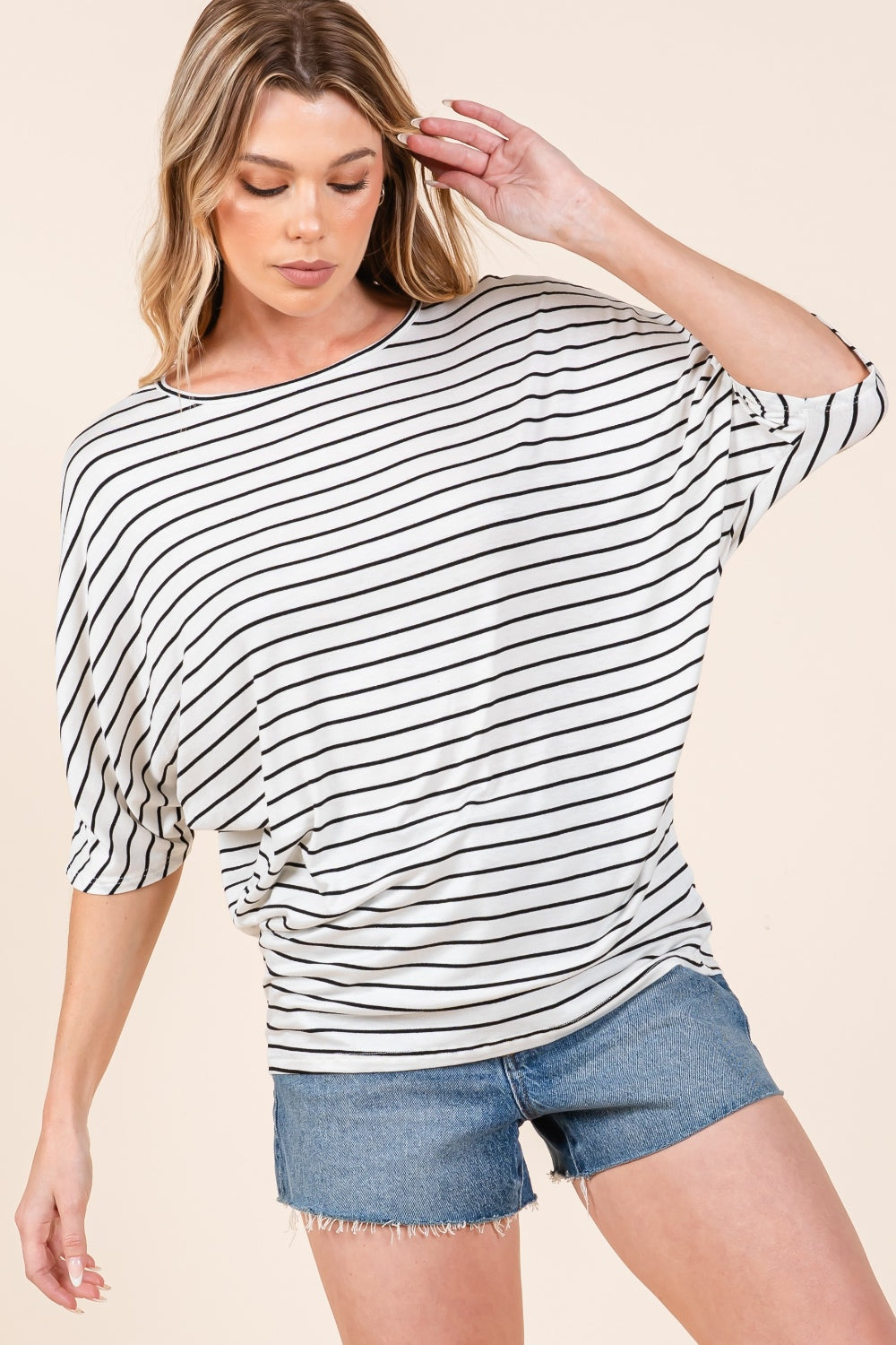 BOMBOM Striped Boat Neck Dolman Sleeve Top-TOPS / DRESSES-[Adult]-[Female]-Ivory-S-2022 Online Blue Zone Planet