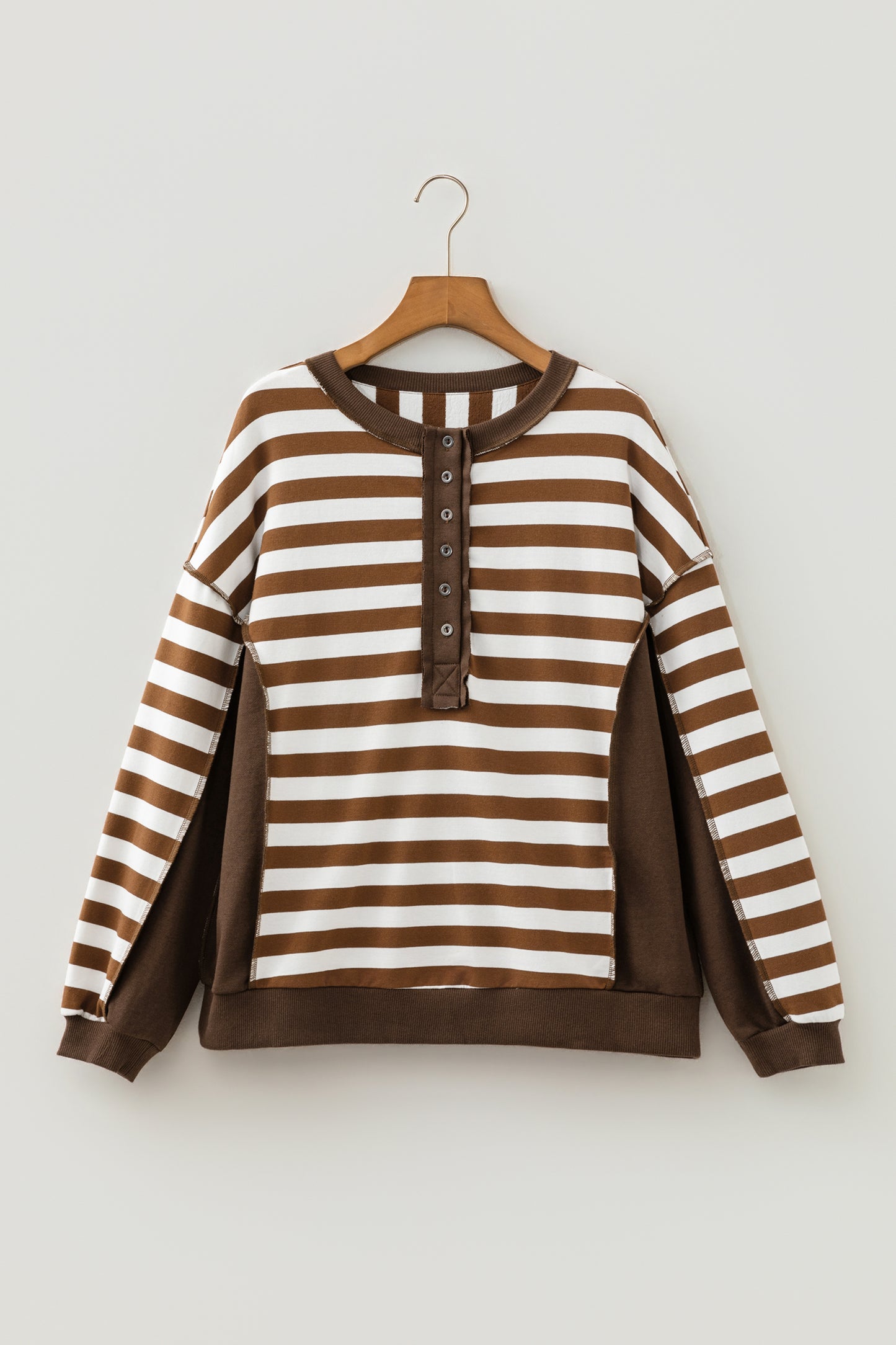 Brown Stripe Exposed Seam Color Block Patchwork Button Placket Sweatshirt-Tops/Sweatshirts & Hoodies-[Adult]-[Female]-2022 Online Blue Zone Planet