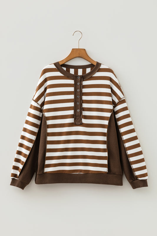 Brown Stripe Exposed Seam Color Block Patchwork Button Placket Sweatshirt-Tops/Sweatshirts & Hoodies-[Adult]-[Female]-2022 Online Blue Zone Planet