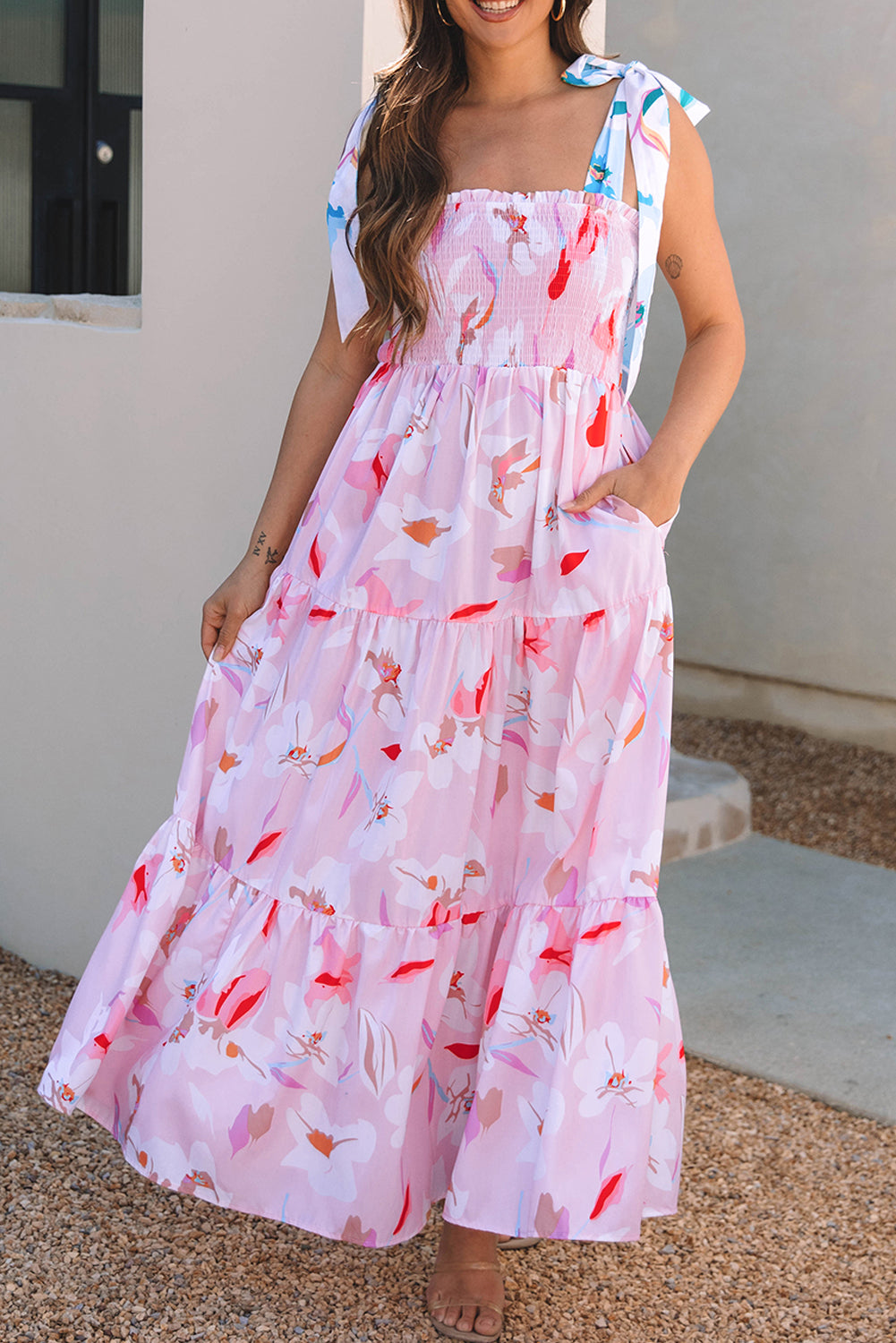 Pink Floral Print Knotted Shoulder Smocked Maxi Dress-TOPS / DRESSES-[Adult]-[Female]-2022 Online Blue Zone Planet