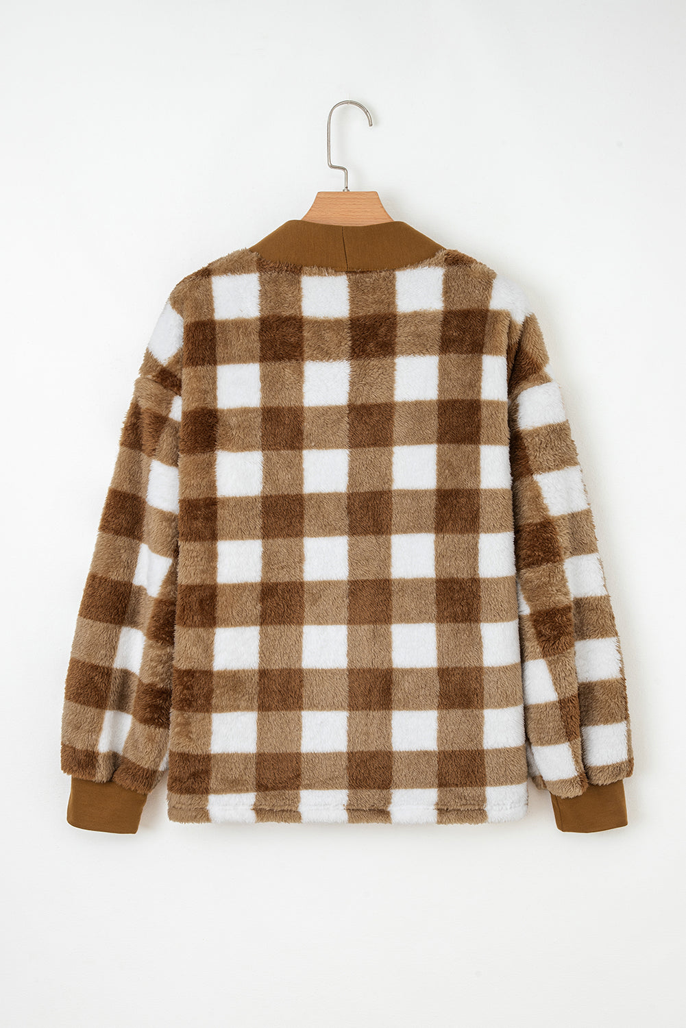 Brown Checkered Sherpa Loose Knit Cardigan With Pockets-Sweaters & Cardigans/Cardigans-[Adult]-[Female]-2022 Online Blue Zone Planet