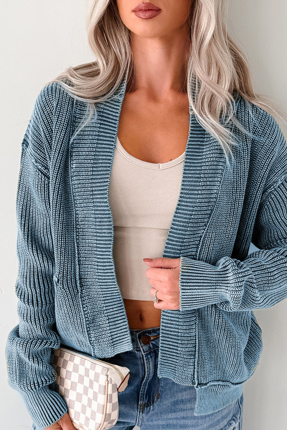 Chestnut Mineral Wash Exposed Seam Patchwork Knit Open Sweater Cardigan-TOPS / DRESSES-[Adult]-[Female]-Evergreen-S-2022 Online Blue Zone Planet