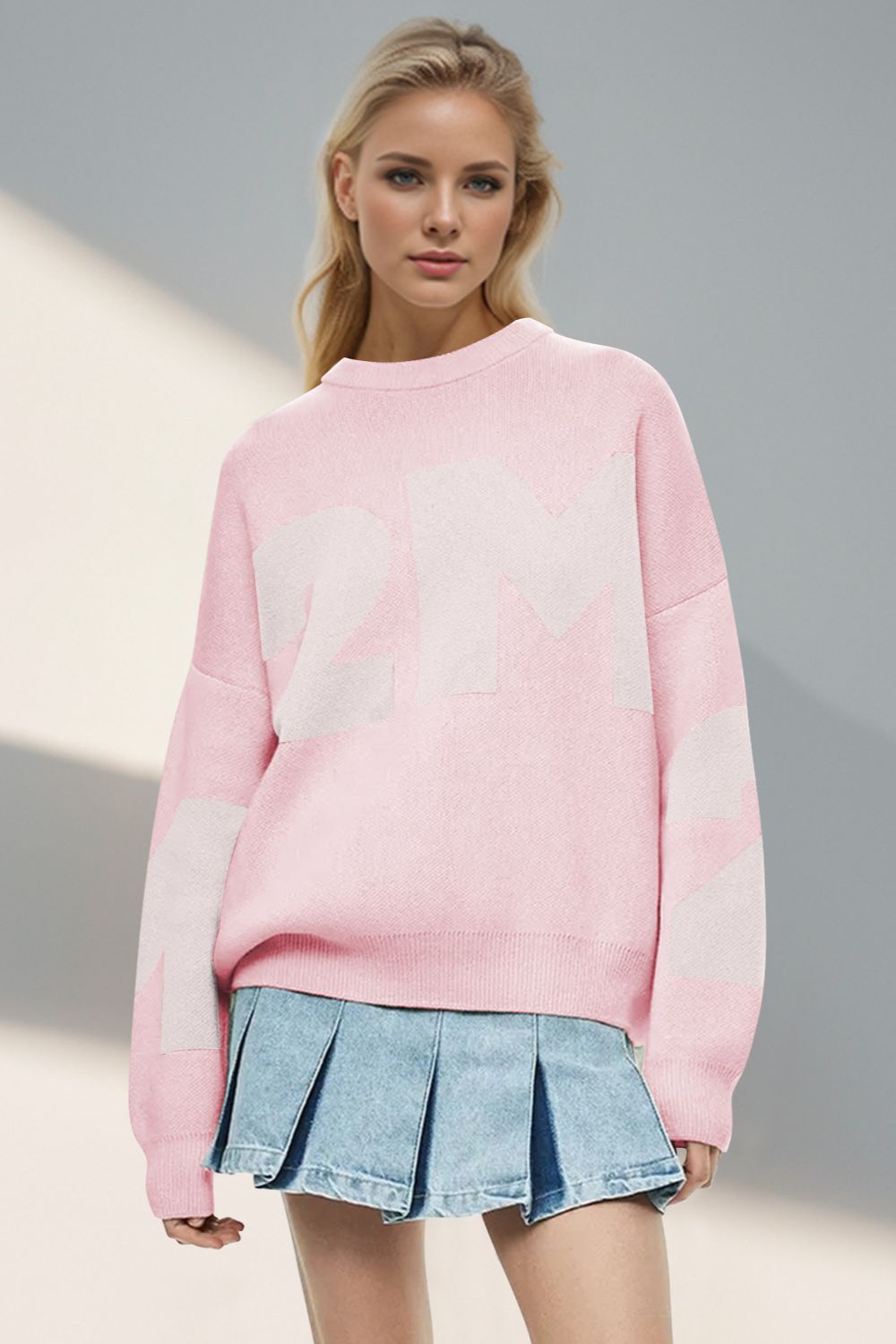 Basic Bae Contrast Letter Round Neck Long Sleeve Sweater-TOPS / DRESSES-[Adult]-[Female]-Blush Pink-One Size-2022 Online Blue Zone Planet