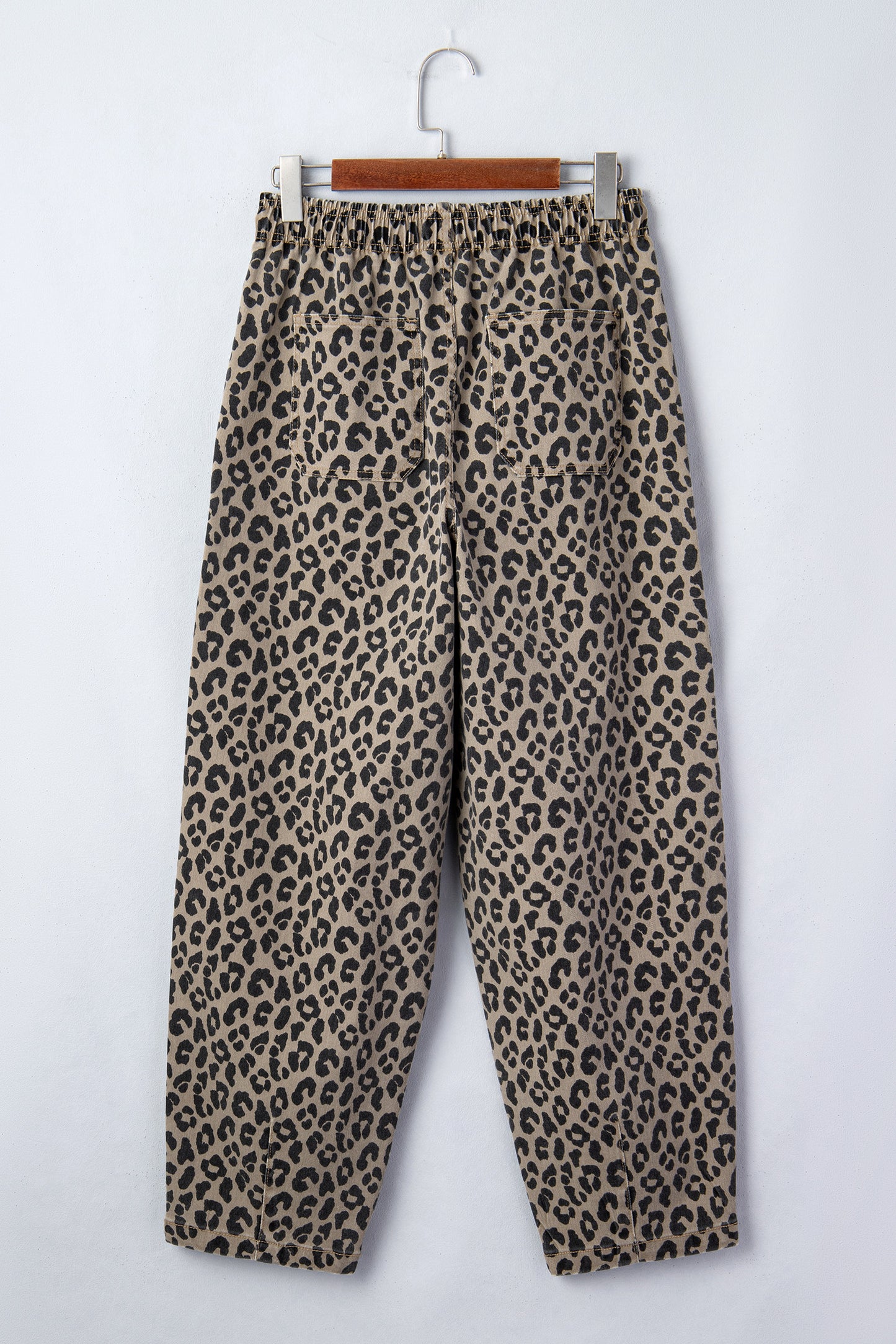 Khaki Leopard Print Drawstring Elastic Waist Loose Denim Pants with Pockets-Bottoms/Jeans-[Adult]-[Female]-2022 Online Blue Zone Planet