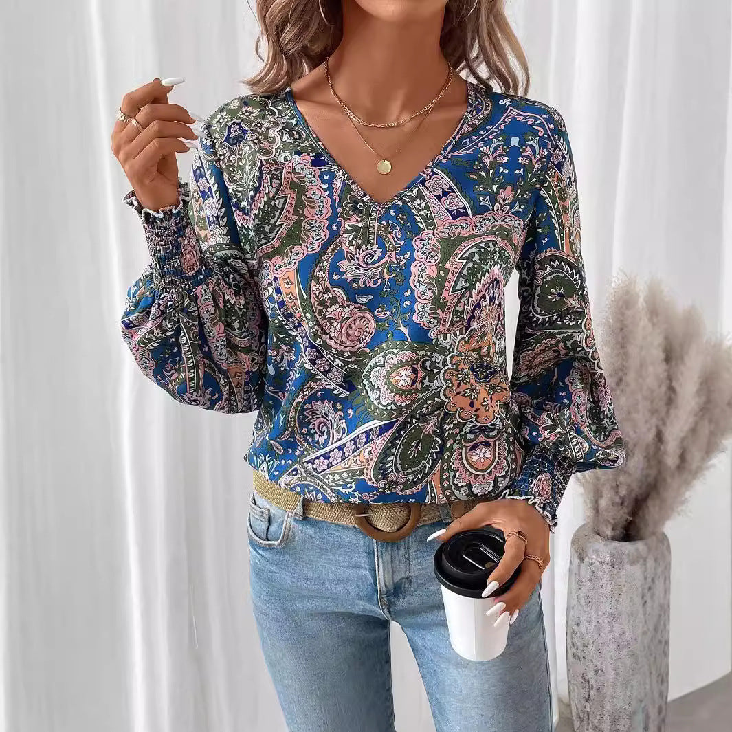 Printed V-Neck Lantern Sleeve Top-TOPS / DRESSES-[Adult]-[Female]-2022 Online Blue Zone Planet