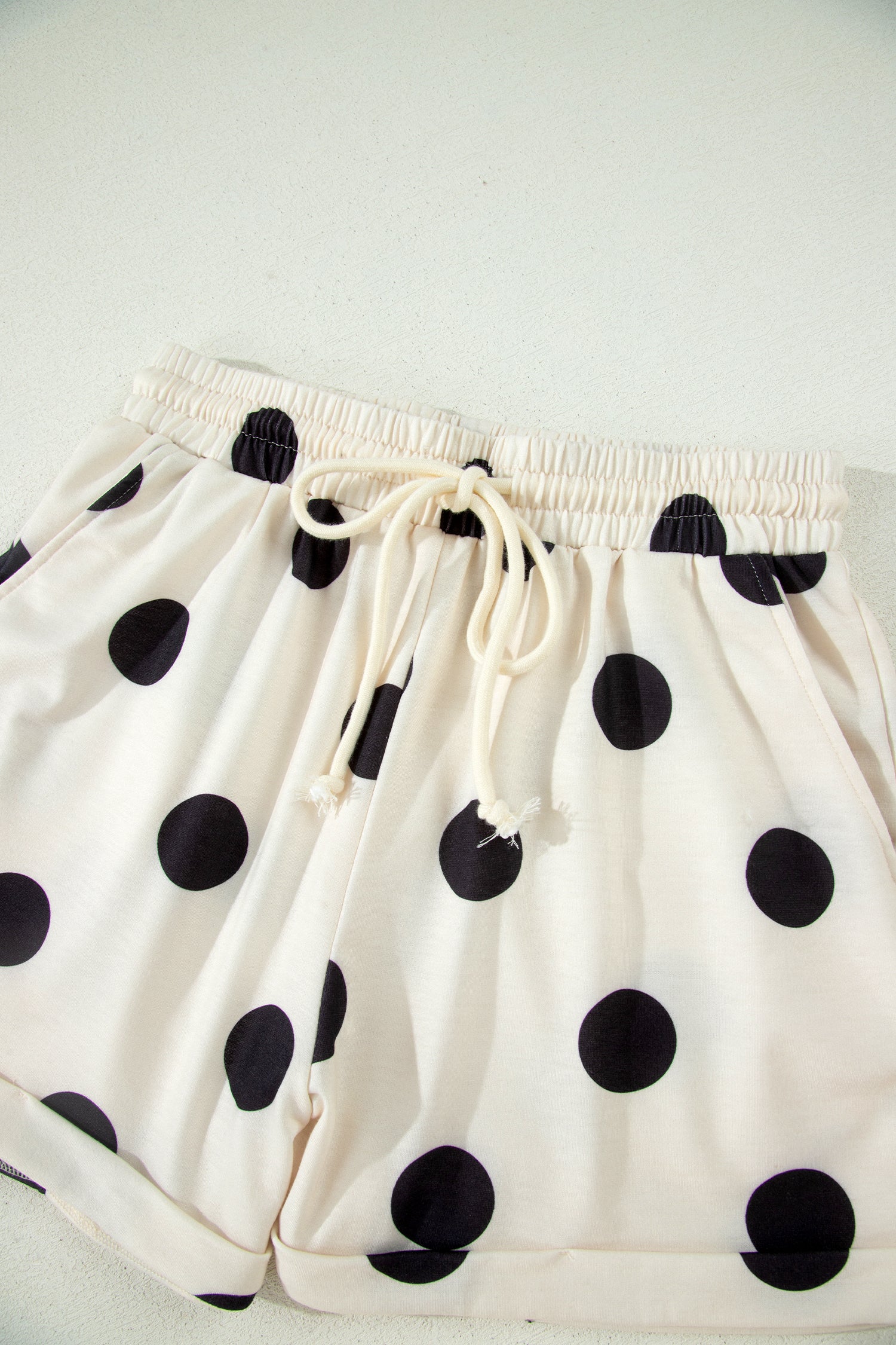 Beige Polka Dot Print V Neck Tee Short Set-Two Piece Sets/Short Sets-[Adult]-[Female]-2022 Online Blue Zone Planet