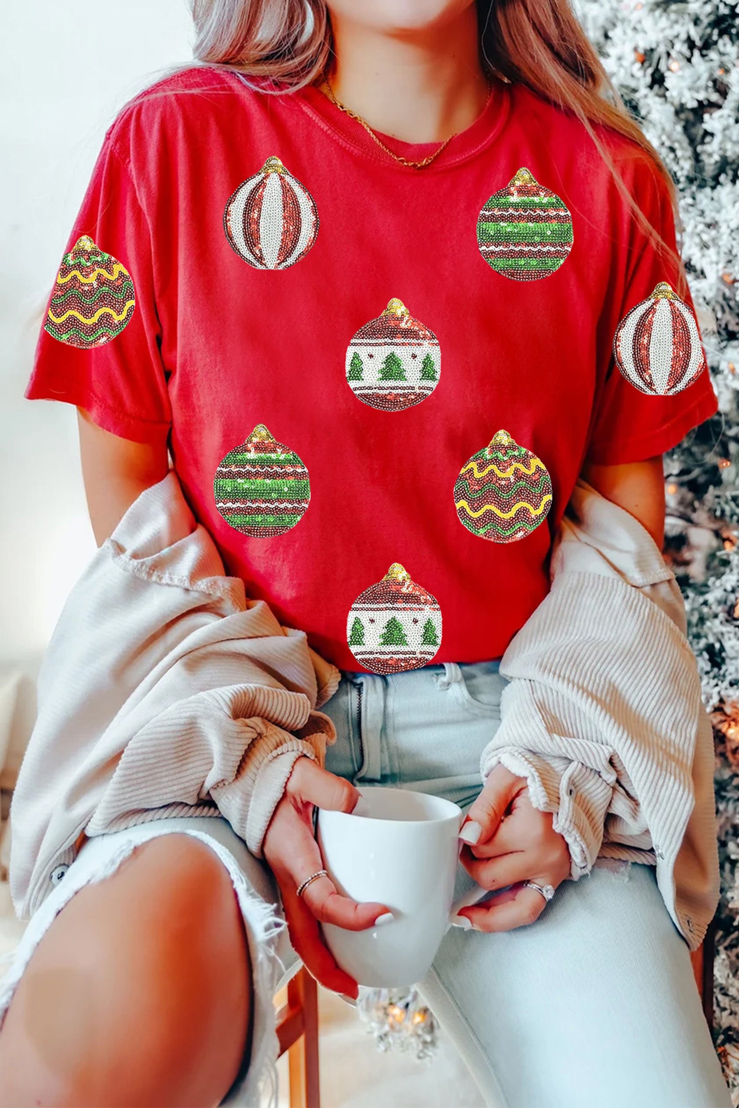 Red Christmas Ornament Bulbs Sequin Graphic Tee-Graphic/Graphic Tees-[Adult]-[Female]-Red-2-S-2022 Online Blue Zone Planet