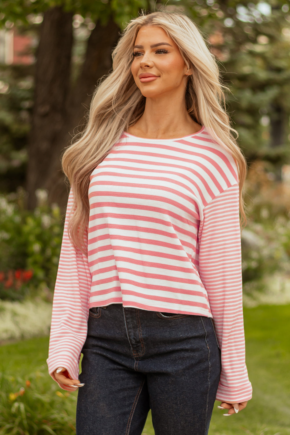 Pink Stripe Textured Contrast Dropped Long Sleeve Top-Tops/Long Sleeve Tops-[Adult]-[Female]-Pink Stripe-S-2022 Online Blue Zone Planet