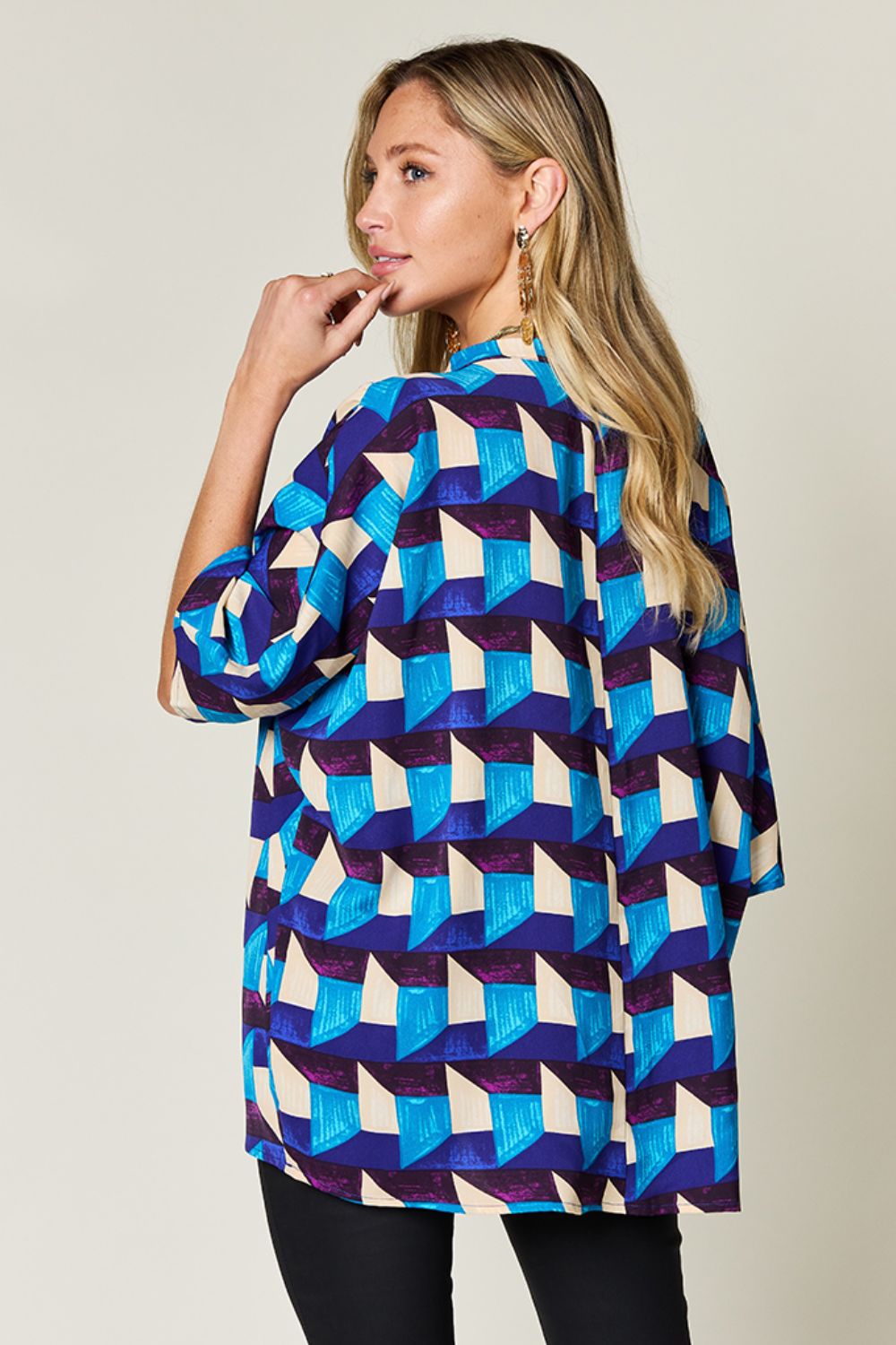 Double Take Full Size Geometric Notched Half Sleeve Blouse-TOPS / DRESSES-[Adult]-[Female]-2022 Online Blue Zone Planet