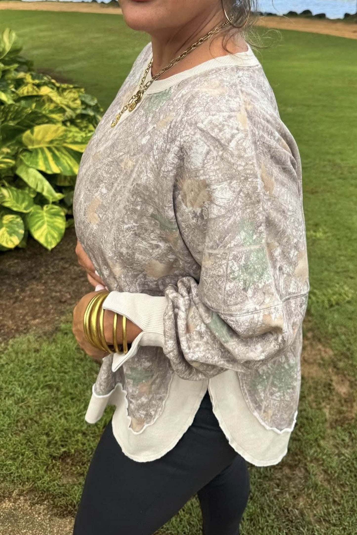Khaki Camouflage Print Round Neck Long Sleeve Shift Plus Size Sweatshirt-Plus Size/Plus Size Sweatshirts & Hoodies-[Adult]-[Female]-2022 Online Blue Zone Planet