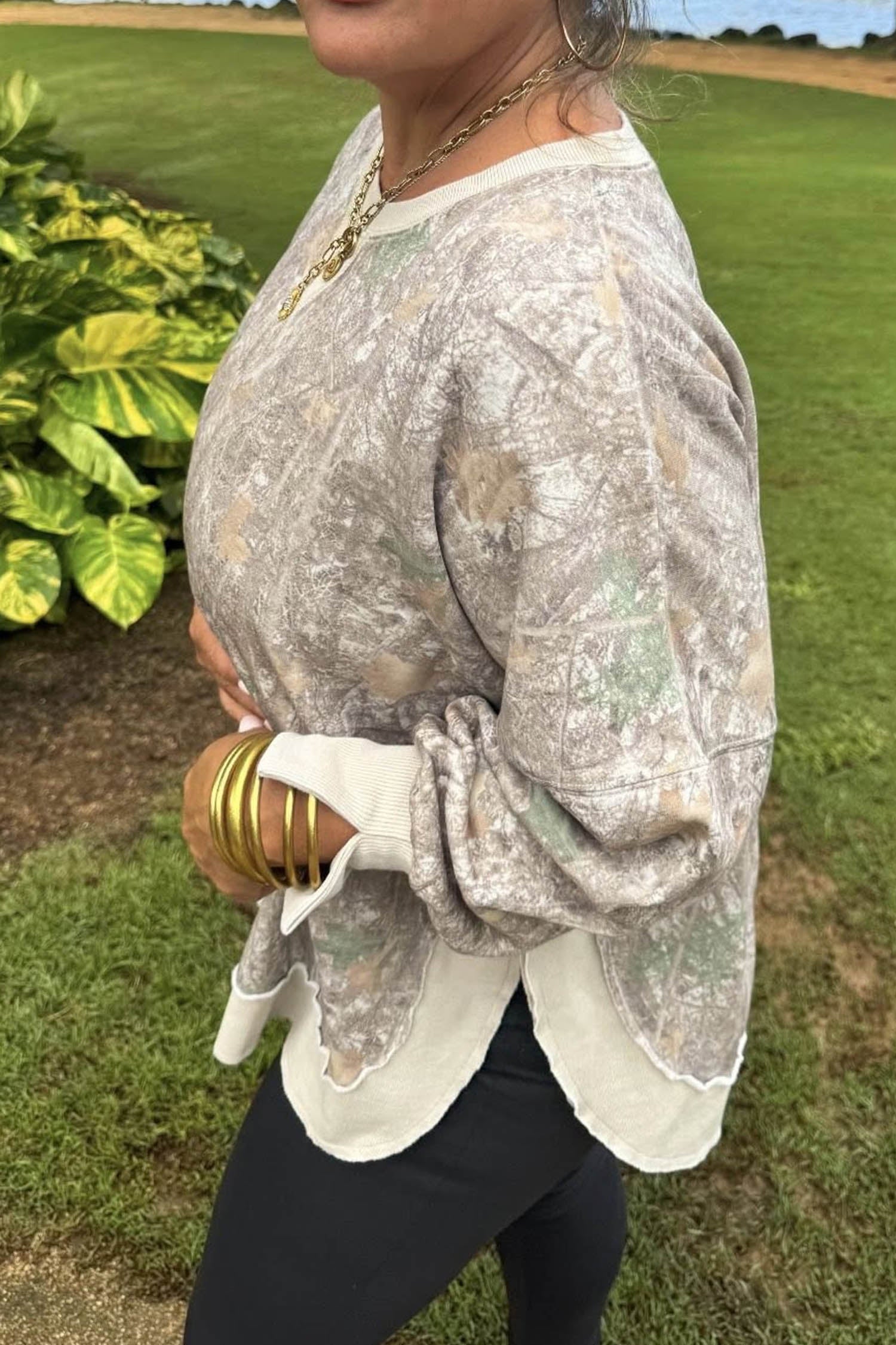Khaki Camouflage Print Round Neck Long Sleeve Shift Plus Size Sweatshirt-Plus Size/Plus Size Sweatshirts & Hoodies-[Adult]-[Female]-2022 Online Blue Zone Planet