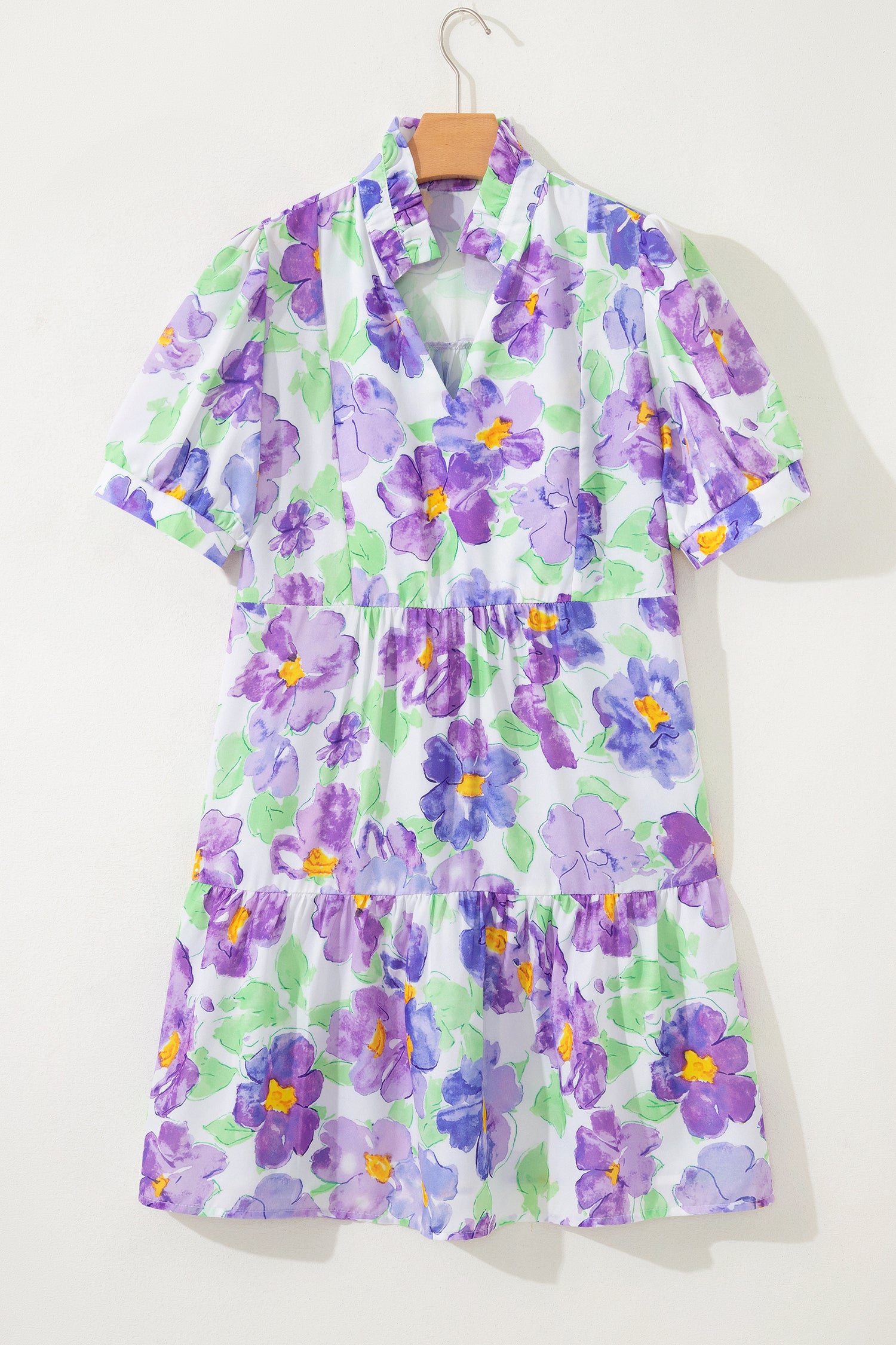 Purple Floral V Collar Short Sleeve Tiered Ruffle Mini Dress-TOPS / DRESSES-[Adult]-[Female]-2022 Online Blue Zone Planet