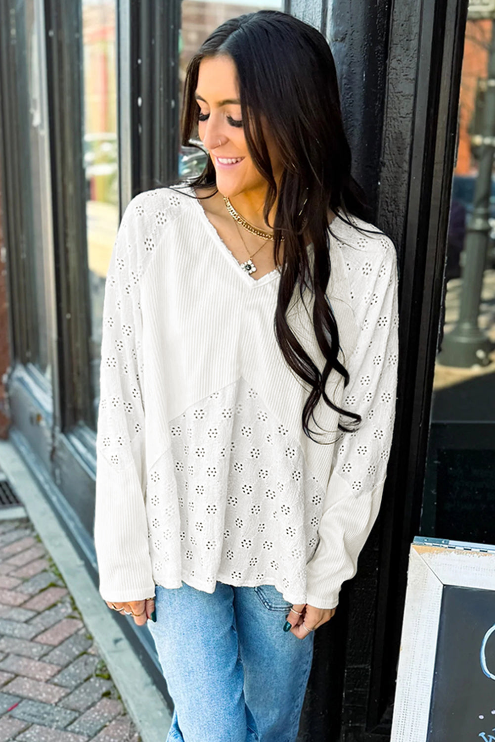 White Twisted Rib Patchwork Embroidered Loose V Neck Long Sleeve Top-Tops/Blouses & Shirts-[Adult]-[Female]-2022 Online Blue Zone Planet