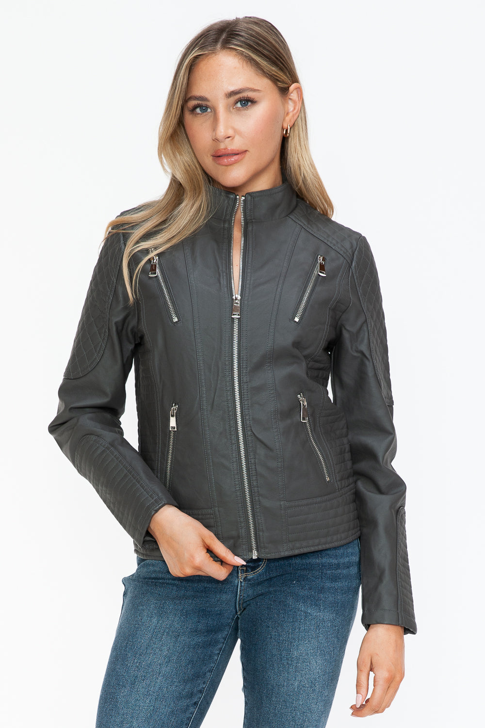 Blue Zone Planet | Snobbish Faux Leather Zip Up Mock Neck Jacket-TOPS / DRESSES-[Adult]-[Female]-2022 Online Blue Zone Planet