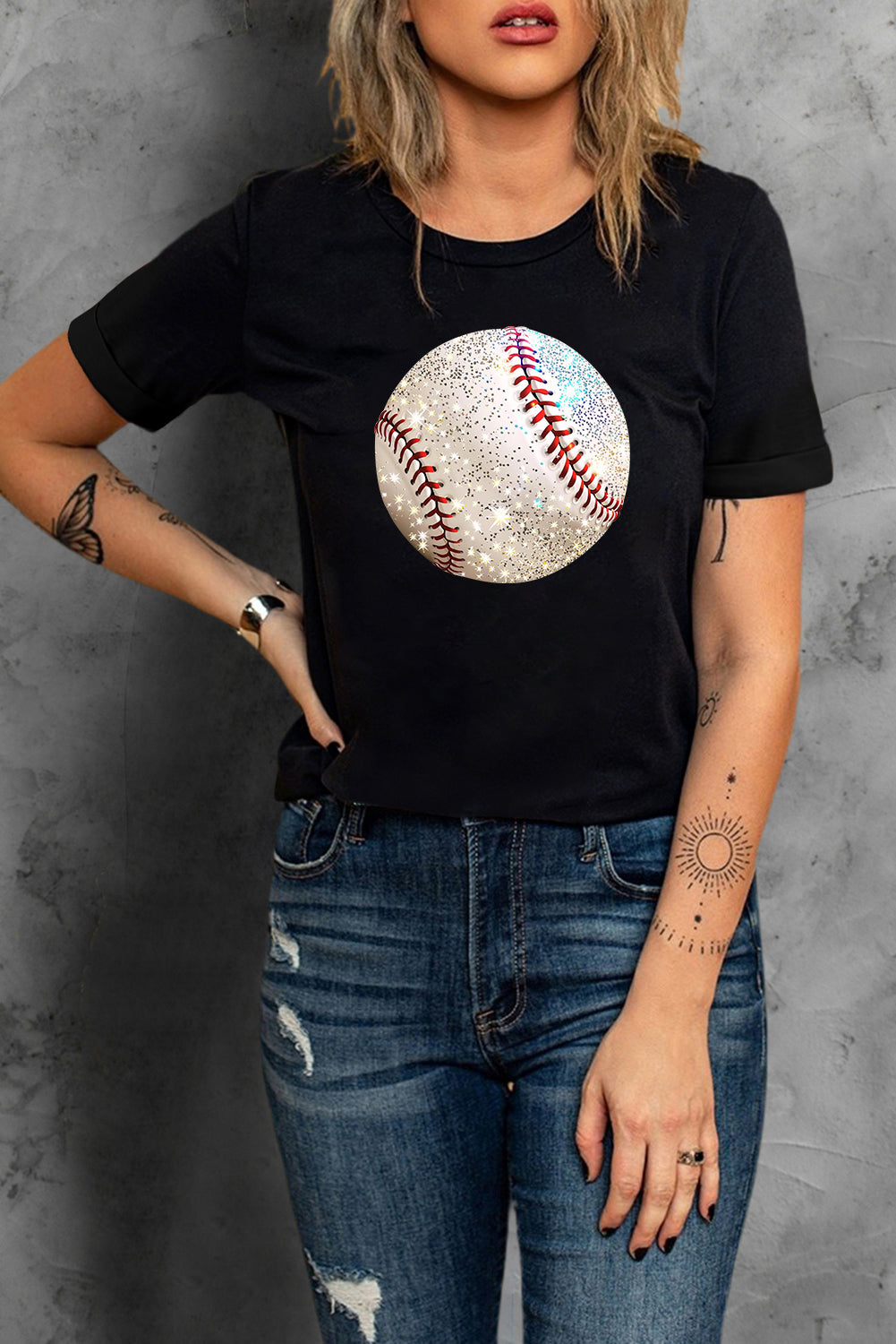 Black Heat Transfer Baseball Print Cotton Blend T Shirt-Graphic/Graphic Tees-[Adult]-[Female]-2022 Online Blue Zone Planet