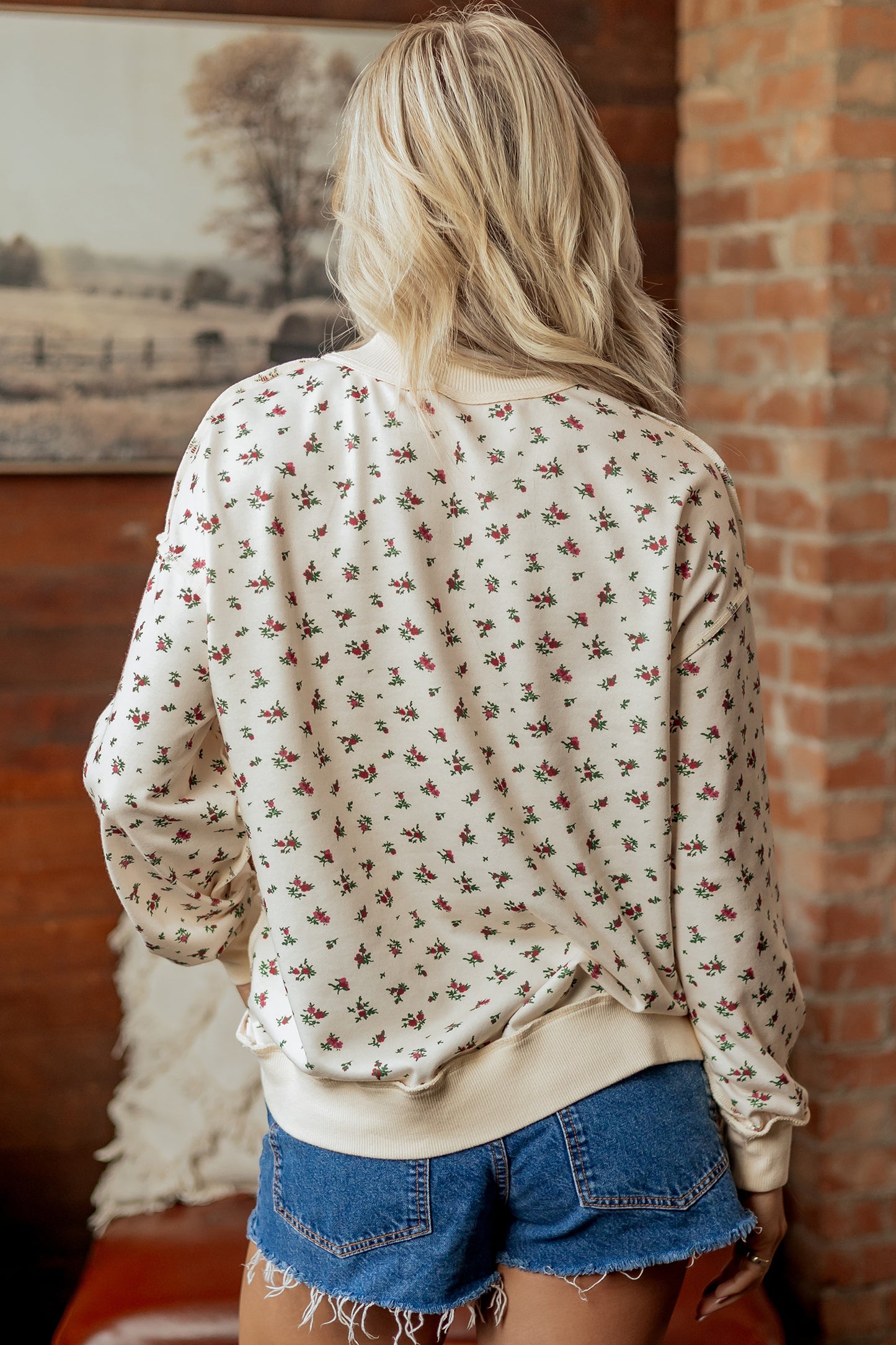 Beige Floral Print Stand Neck Long Sleeve Slogan Sweatshirt-Tops/Sweatshirts & Hoodies-[Adult]-[Female]-2022 Online Blue Zone Planet