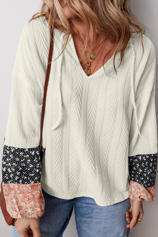 White Floral Patchwork Textured Knit Drawstring V Neck Blouse-Tops/Blouses & Shirts-[Adult]-[Female]-White-S-2022 Online Blue Zone Planet