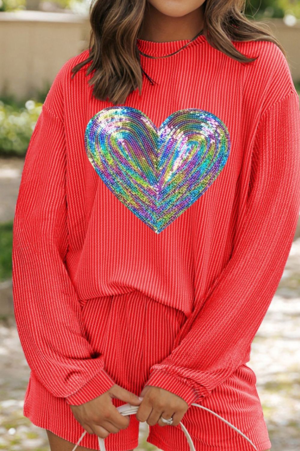 Sequin Heart Round Neck Long Sleeve Top and Shorts Set-[Adult]-[Female]-Orange-Red-S-2022 Online Blue Zone Planet