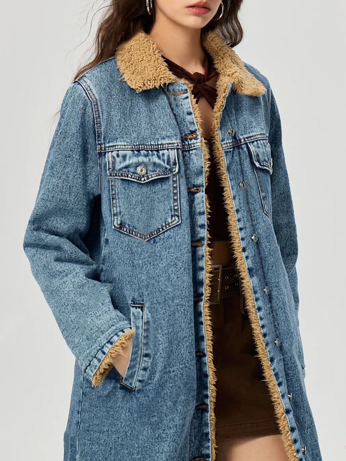 Blue Zone Planet | Pocketed Button Up Denim Jacket with Fur Lining-TOPS / DRESSES-[Adult]-[Female]-2022 Online Blue Zone Planet