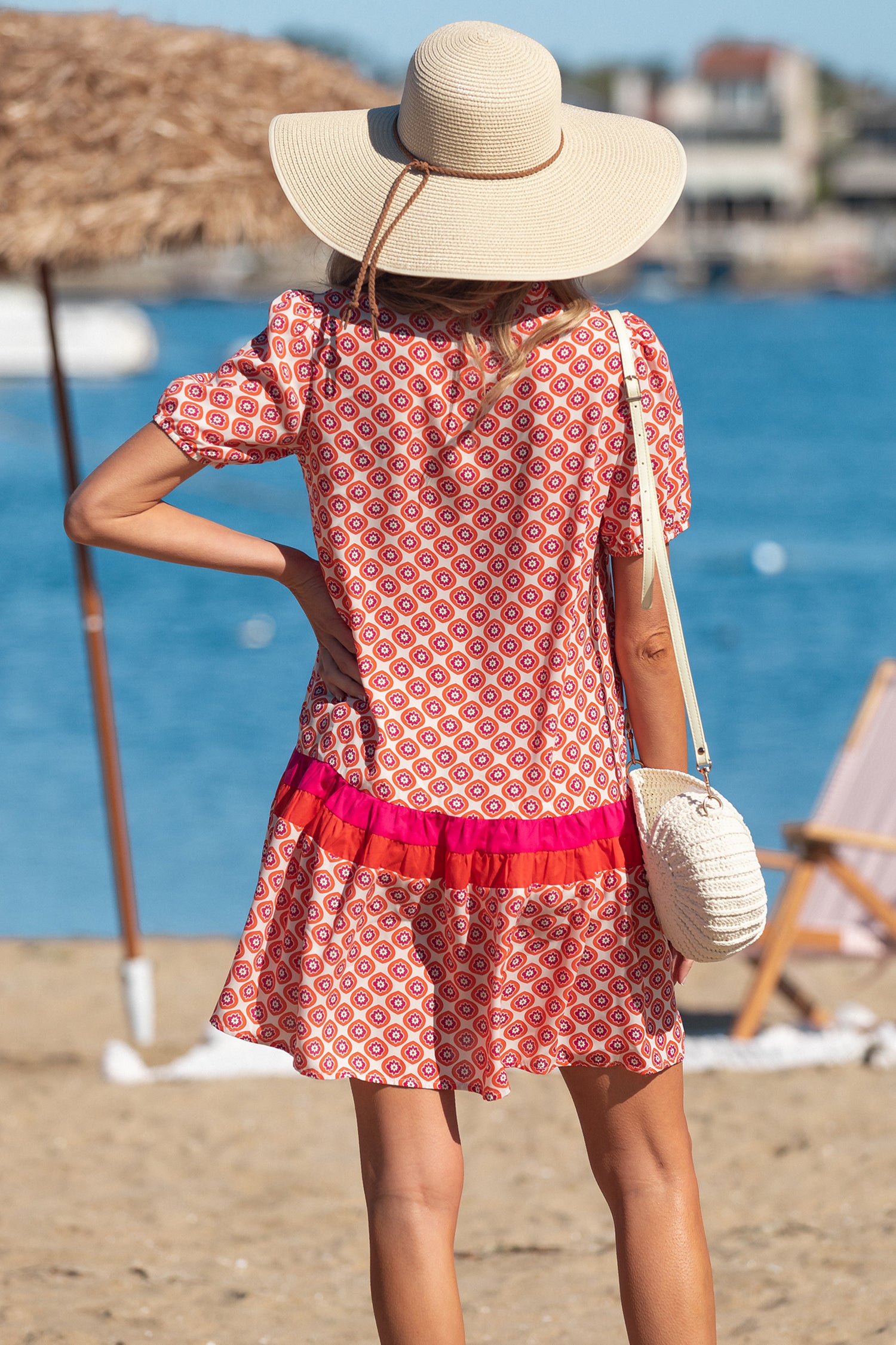Orange Geometric Floral Print Color Block Trim Button Front Ruffle Hem Dress-TOPS / DRESSES-[Adult]-[Female]-2022 Online Blue Zone Planet