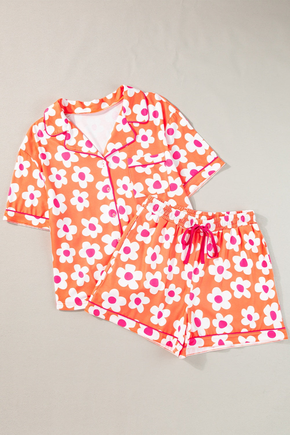 Pocketed Flower Half Sleeve Top and Shorts Lounge Set-TOPS / DRESSES-[Adult]-[Female]-Orange-S-2022 Online Blue Zone Planet