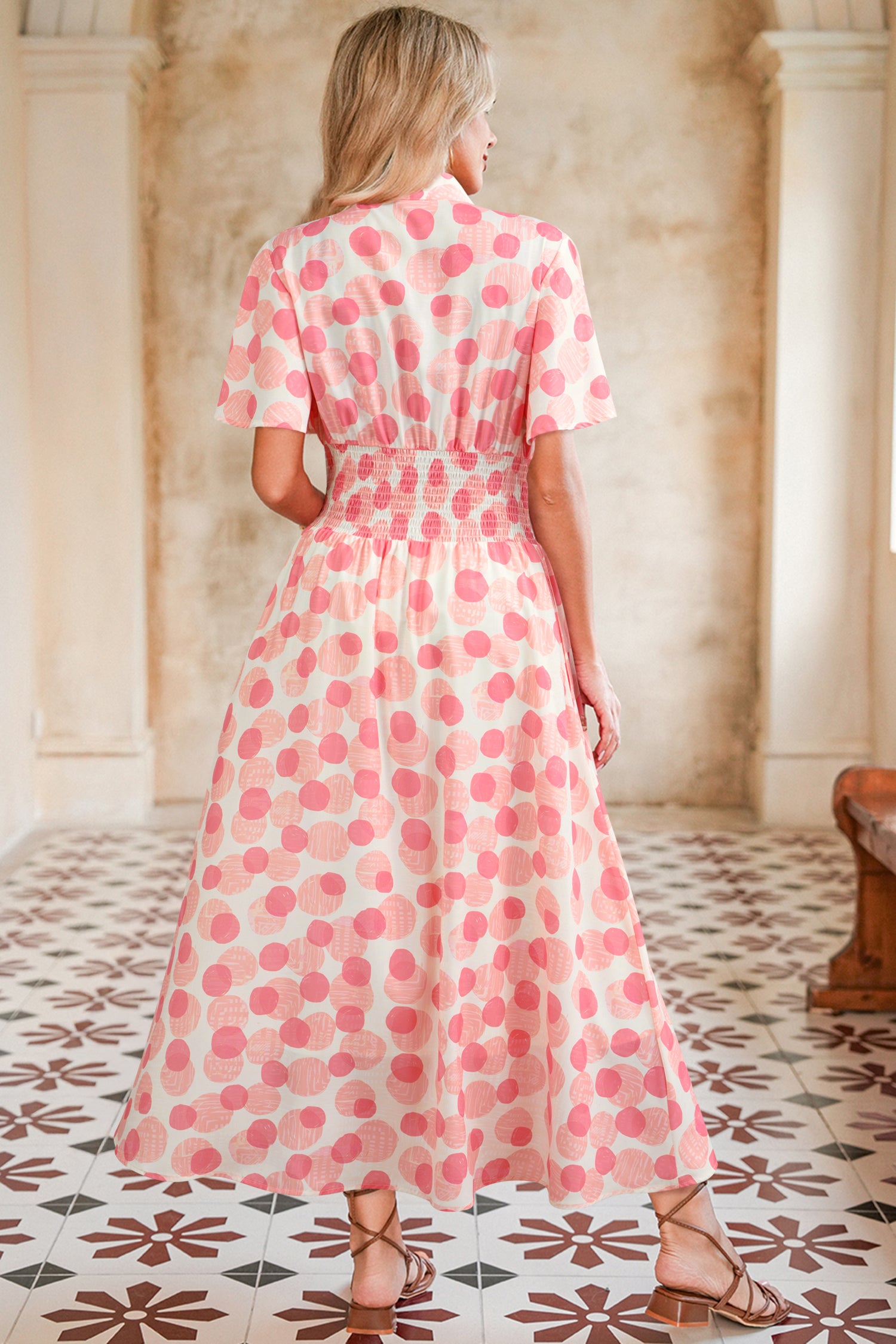 Pink Polka Dot Printed Ruffle Short Sleeve Zip Up Long Dress-TOPS / DRESSES-[Adult]-[Female]-2022 Online Blue Zone Planet